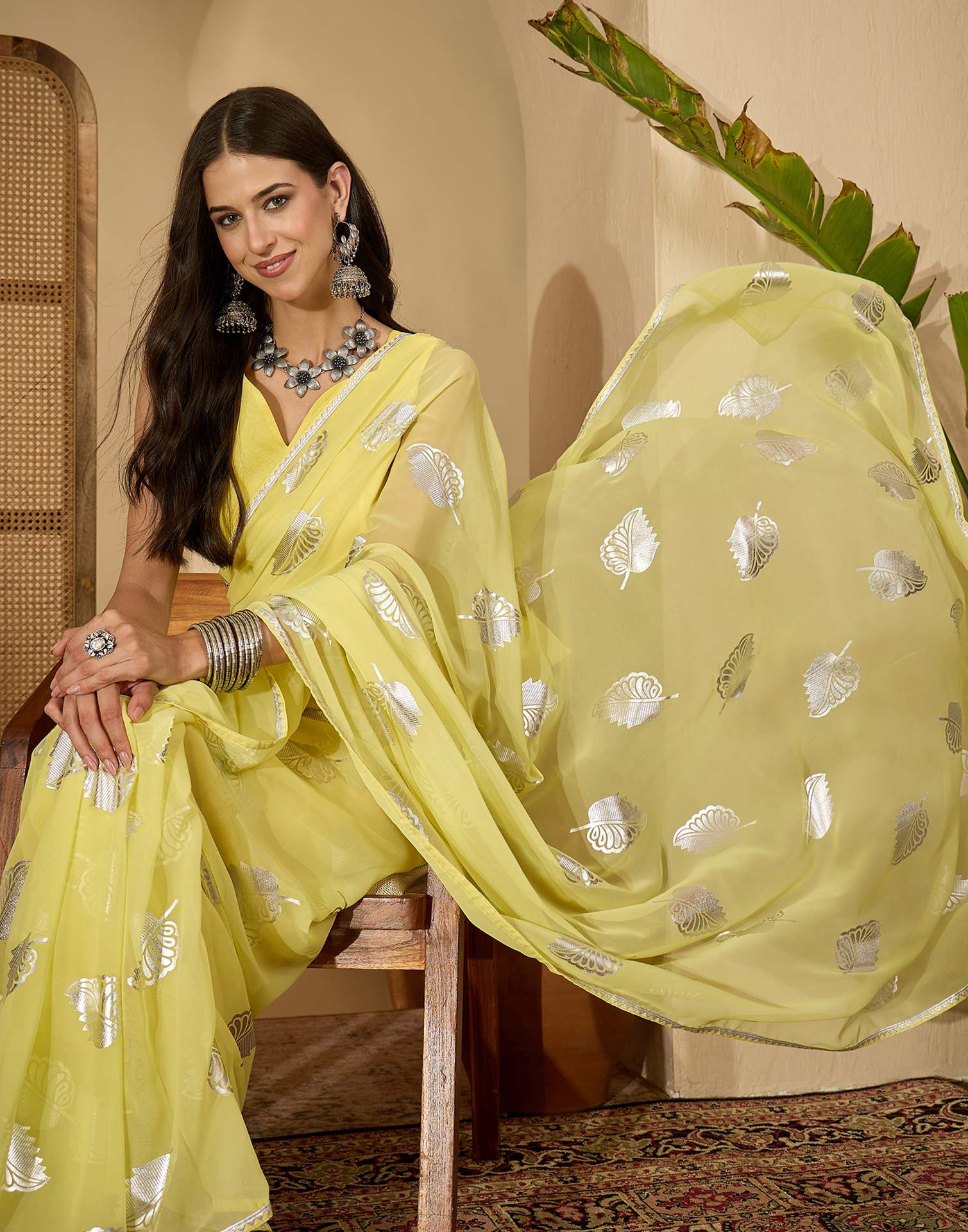 Yellow Georgette Foil Printed Saree - Image 7