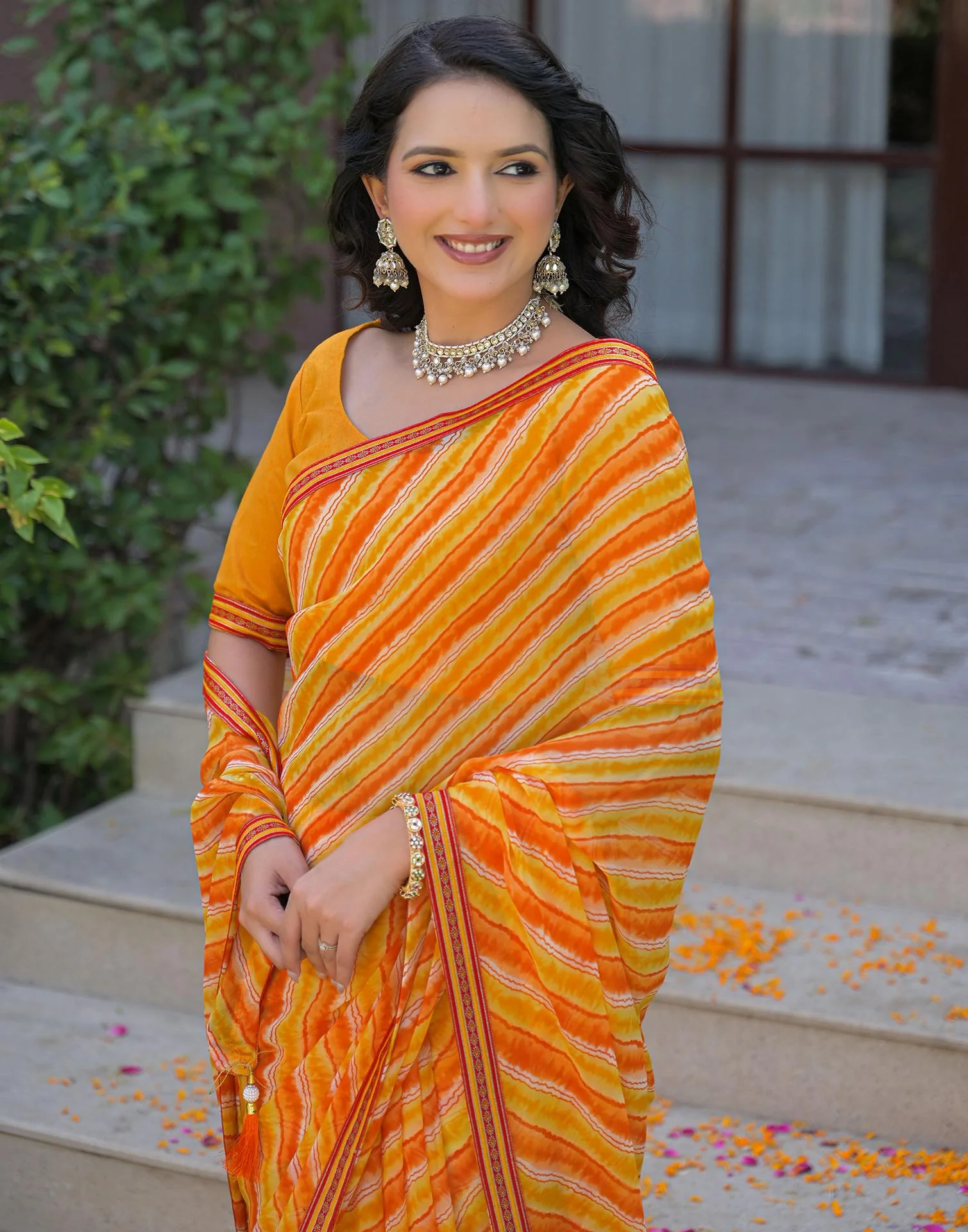 Yellow Georgette Laheriya Printed Saree - Image 2