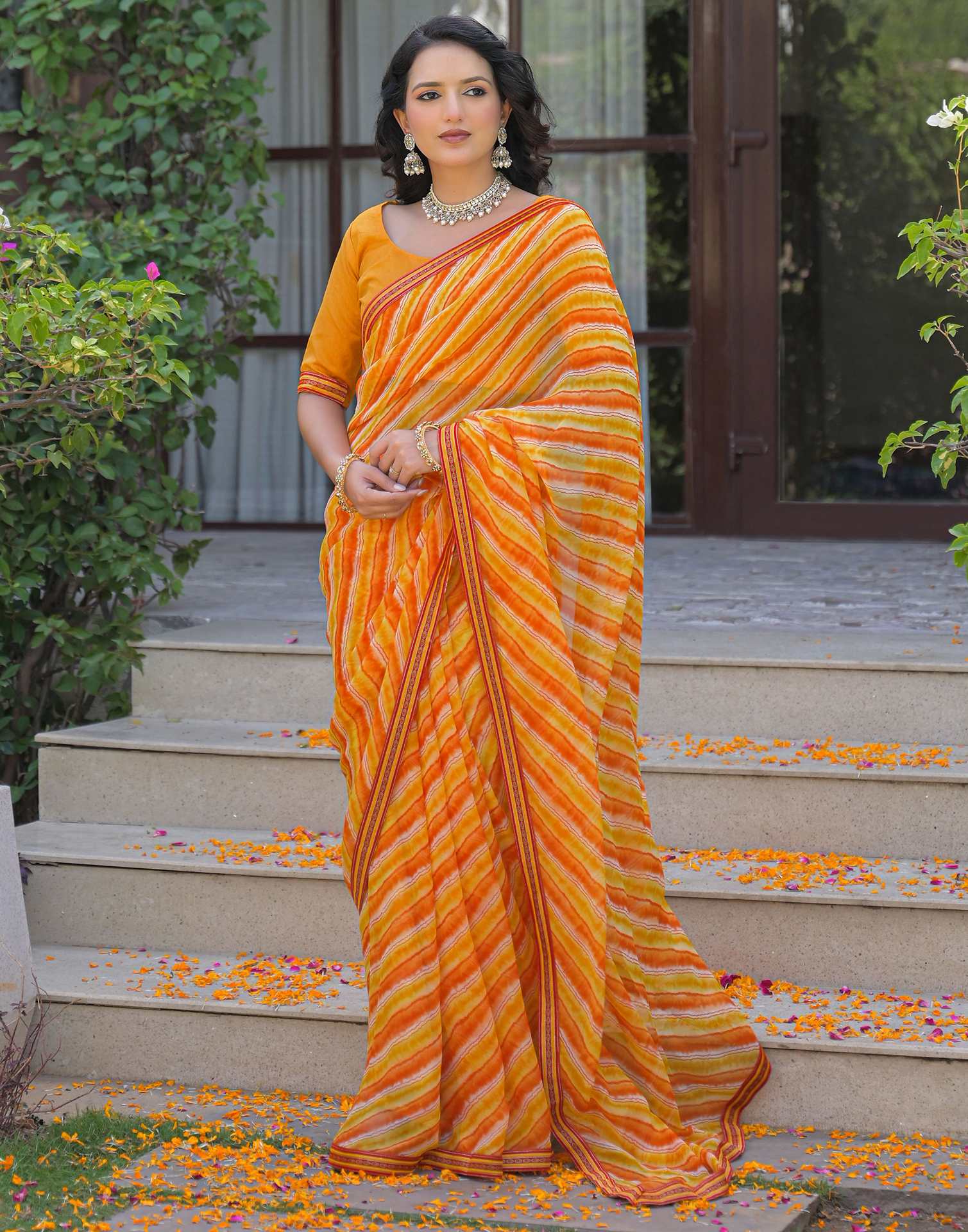 Yellow Georgette Laheriya Printed Saree - Image 4