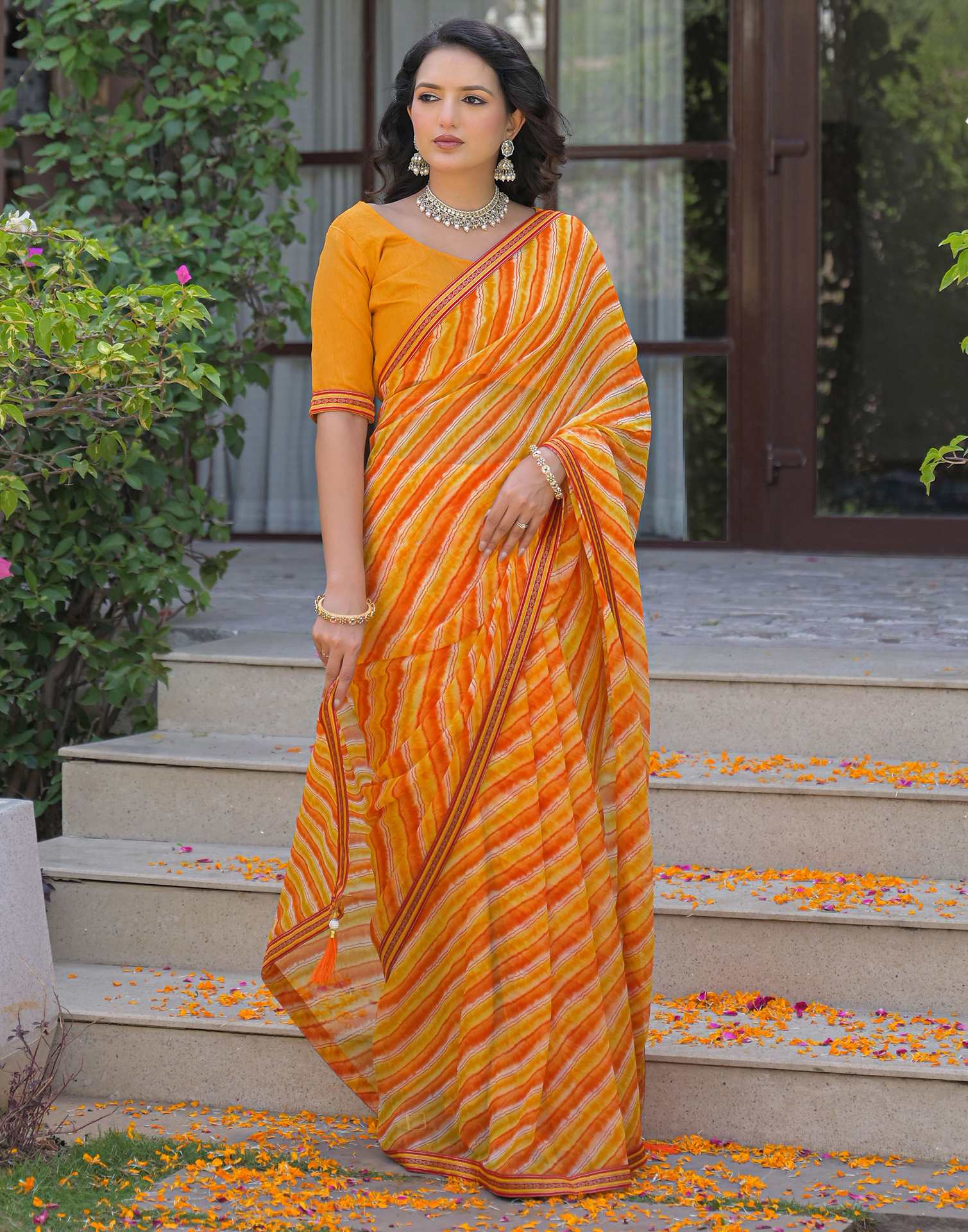 Yellow Georgette Laheriya Printed Saree - Image 5
