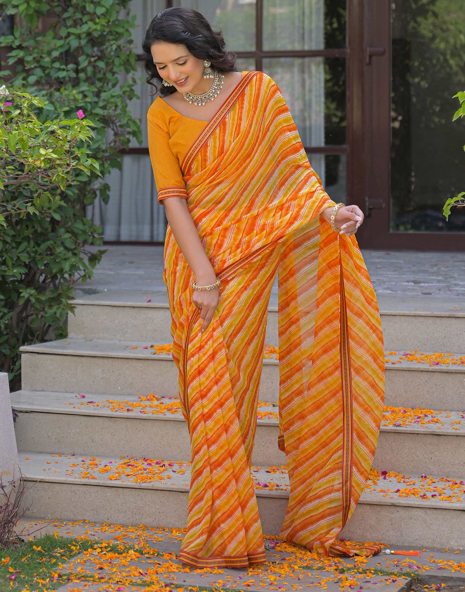 Yellow Georgette Laheriya Printed Saree - Image 7