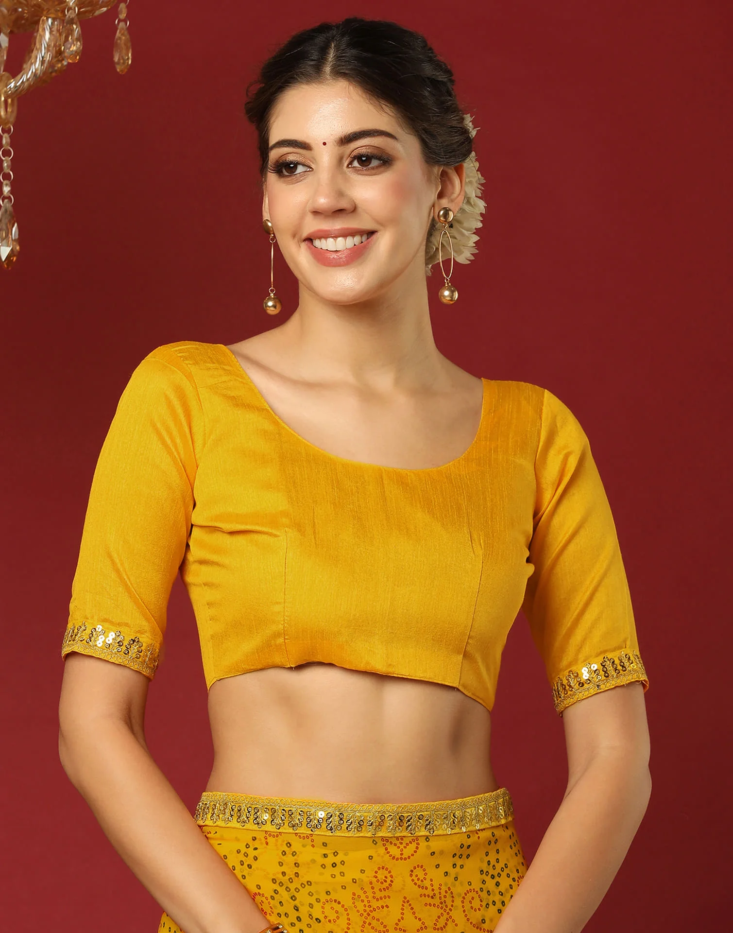 Yellow Georgette Printed Bandhani Saree - Image 8
