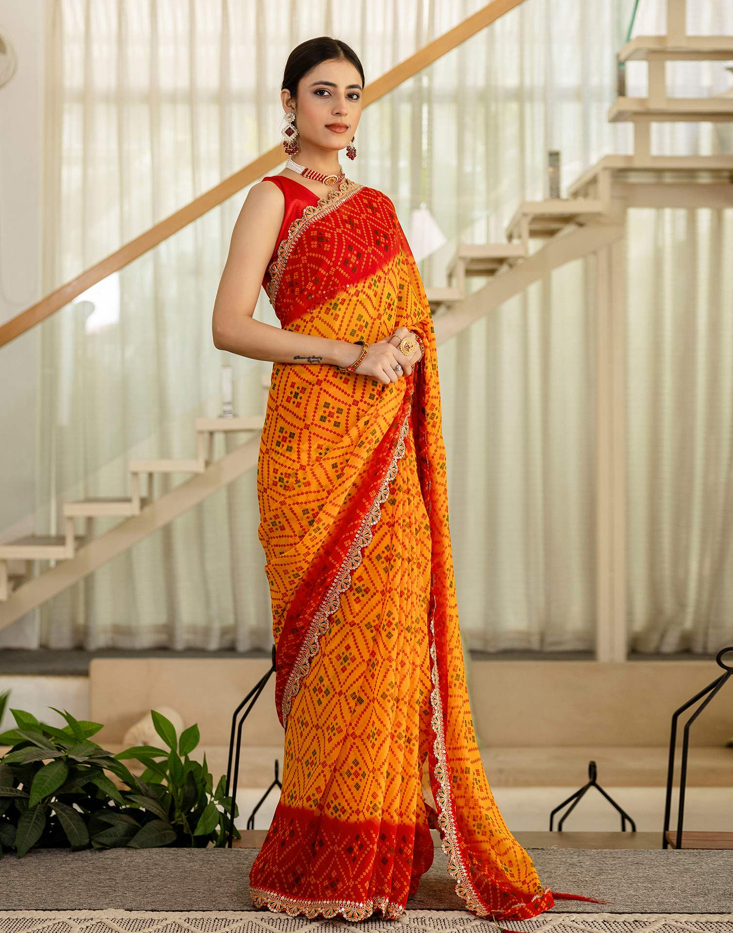 Yellow Georgette Printed Bandhani Saree - Image 4