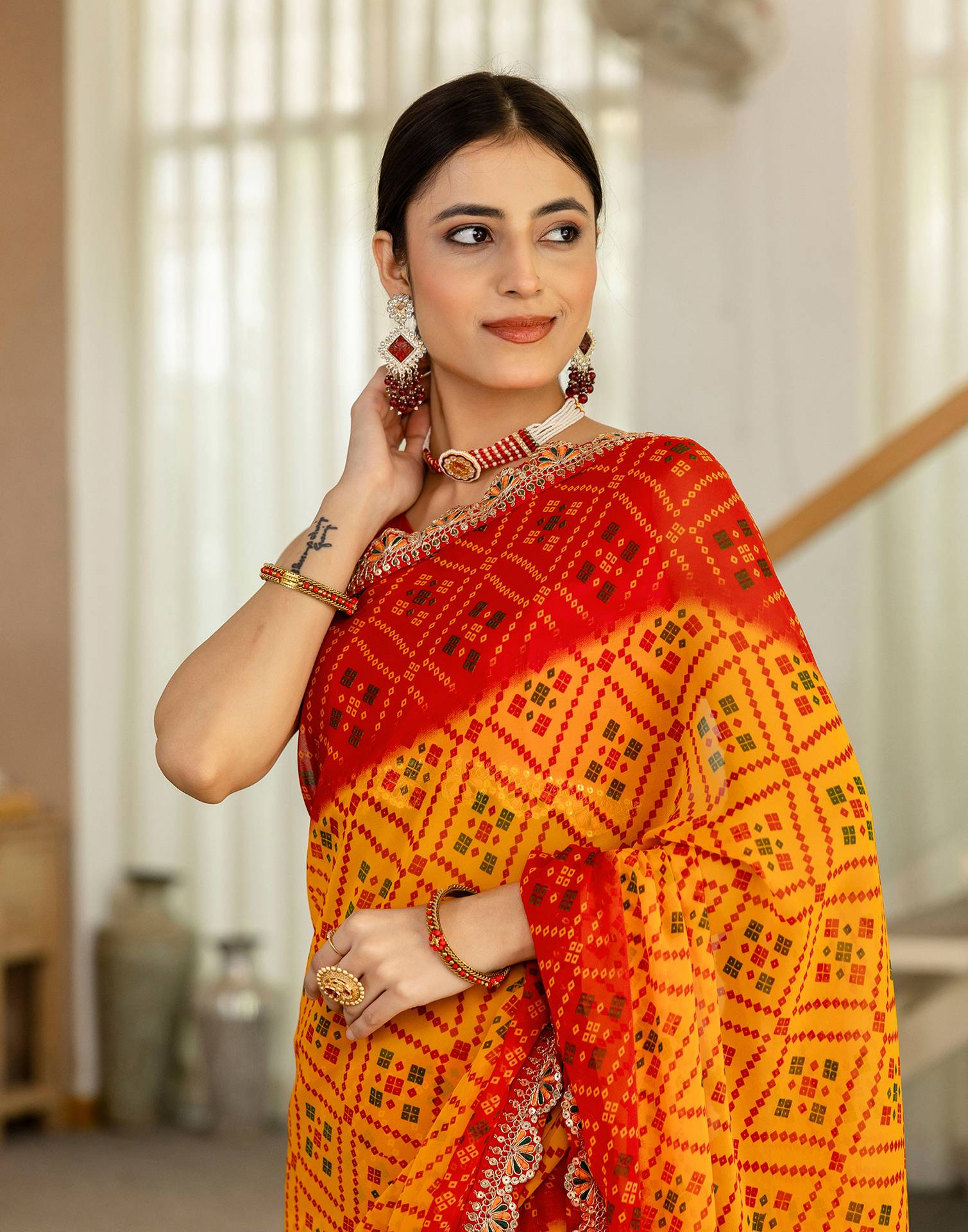 Yellow Georgette Printed Bandhani Saree - Image 6