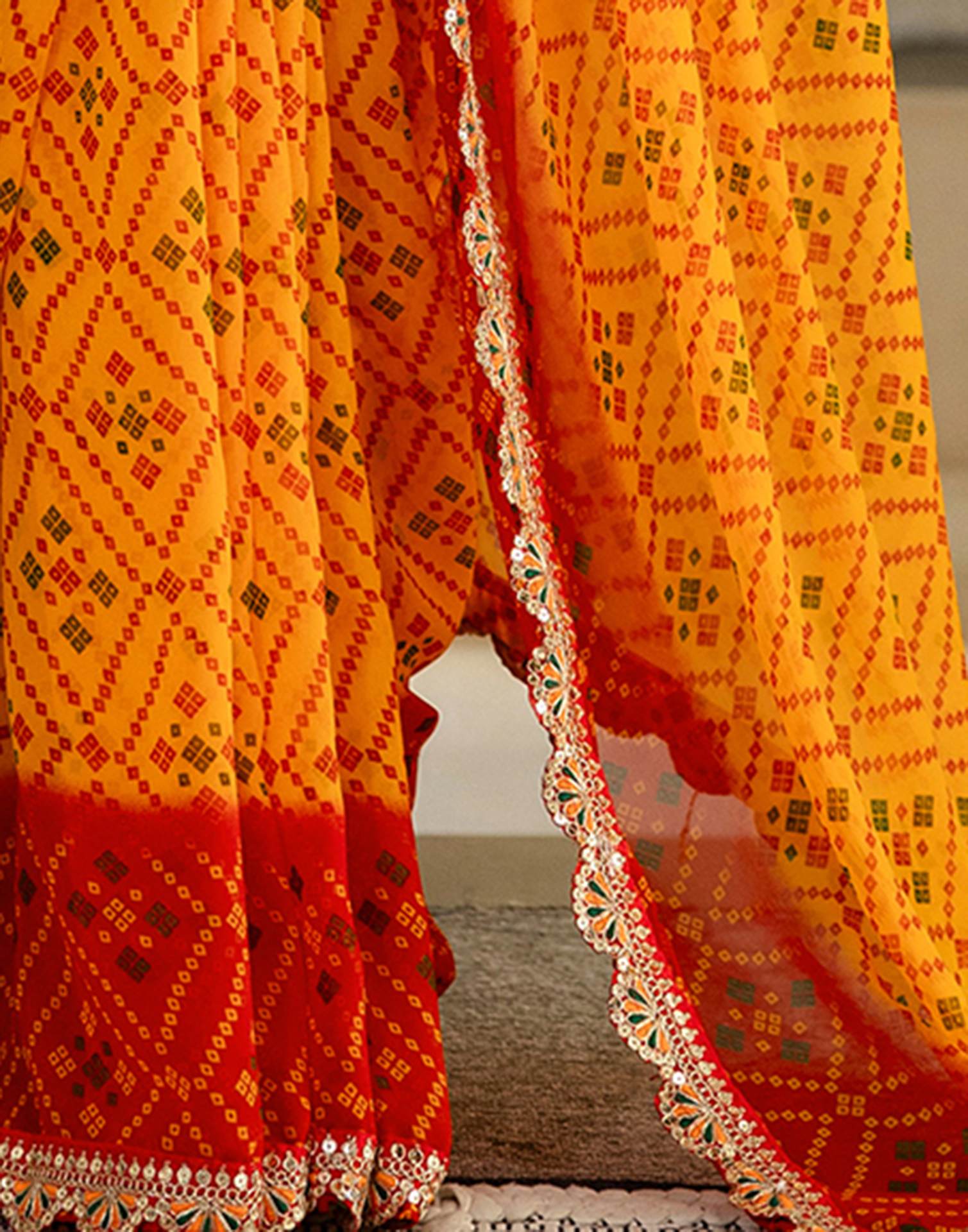 Yellow Georgette Printed Bandhani Saree - Image 9