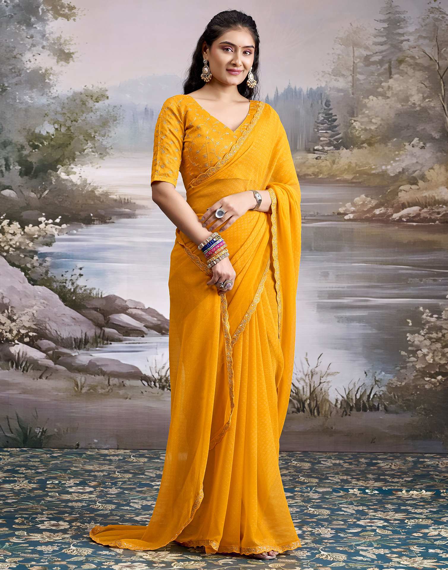 Yellow Georgette Printed Lace Saree - Image 4
