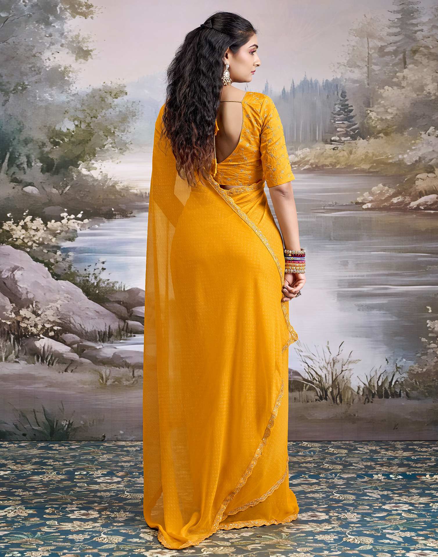 Yellow Georgette Printed Lace Saree - Image 5