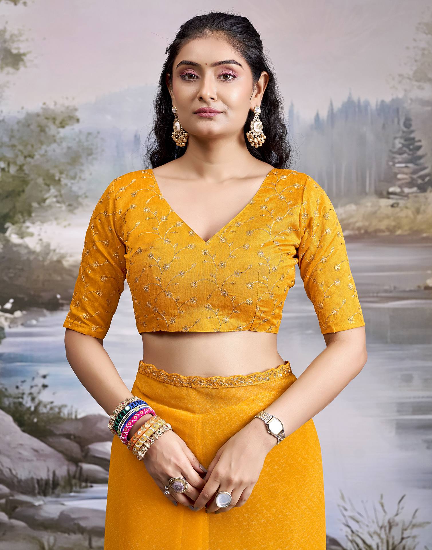Yellow Georgette Printed Lace Saree - Image 7