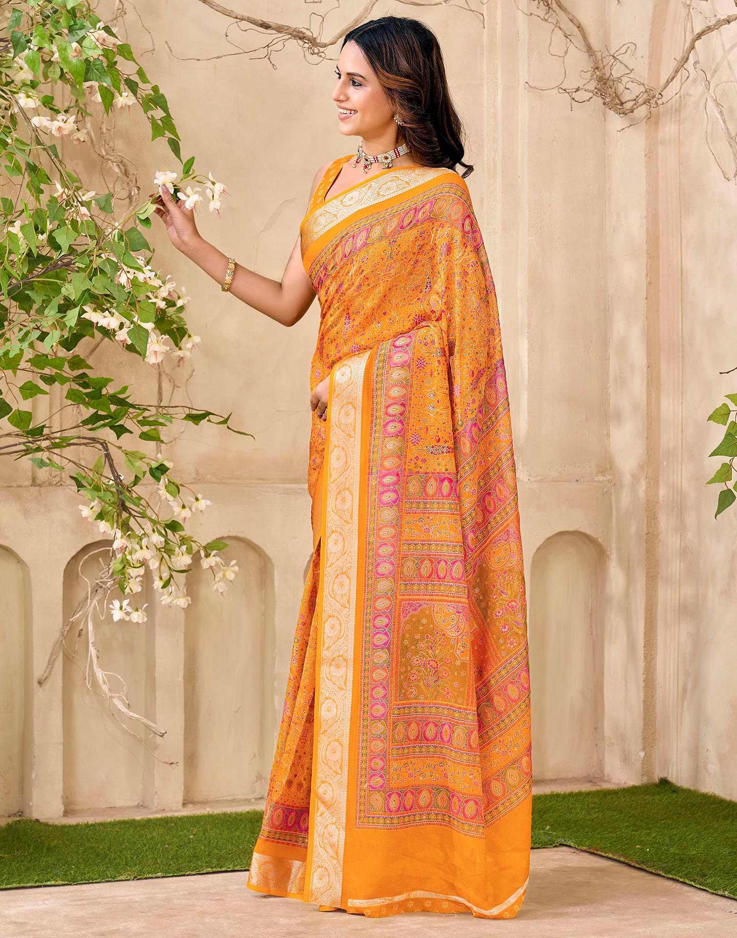 Yellow Georgette Printed Saree - Image 4
