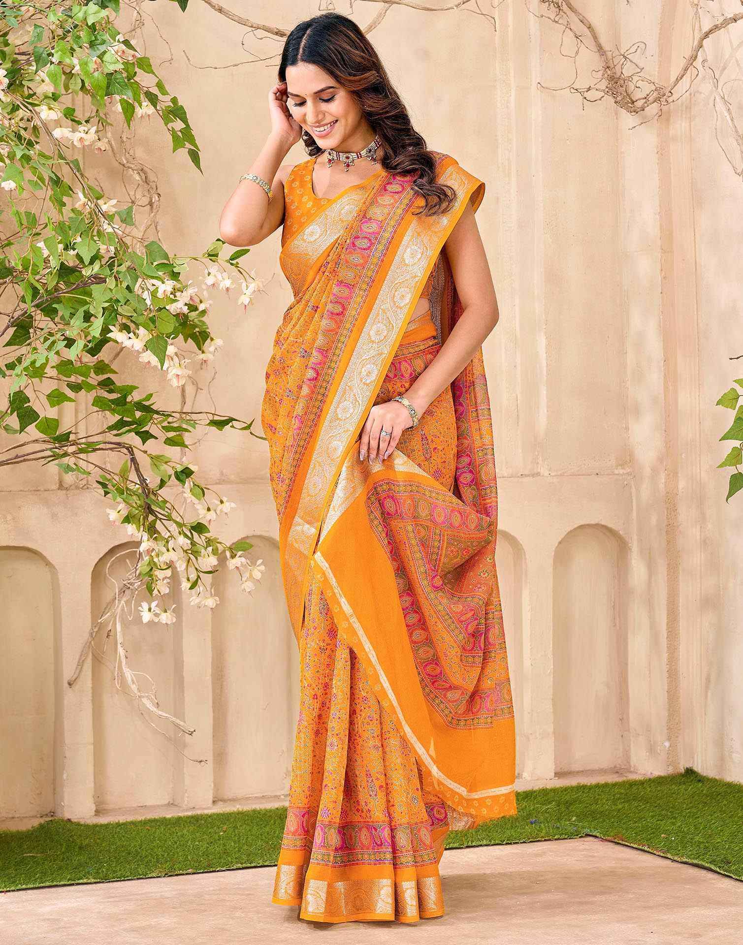 Yellow Georgette Printed Saree - Image 5