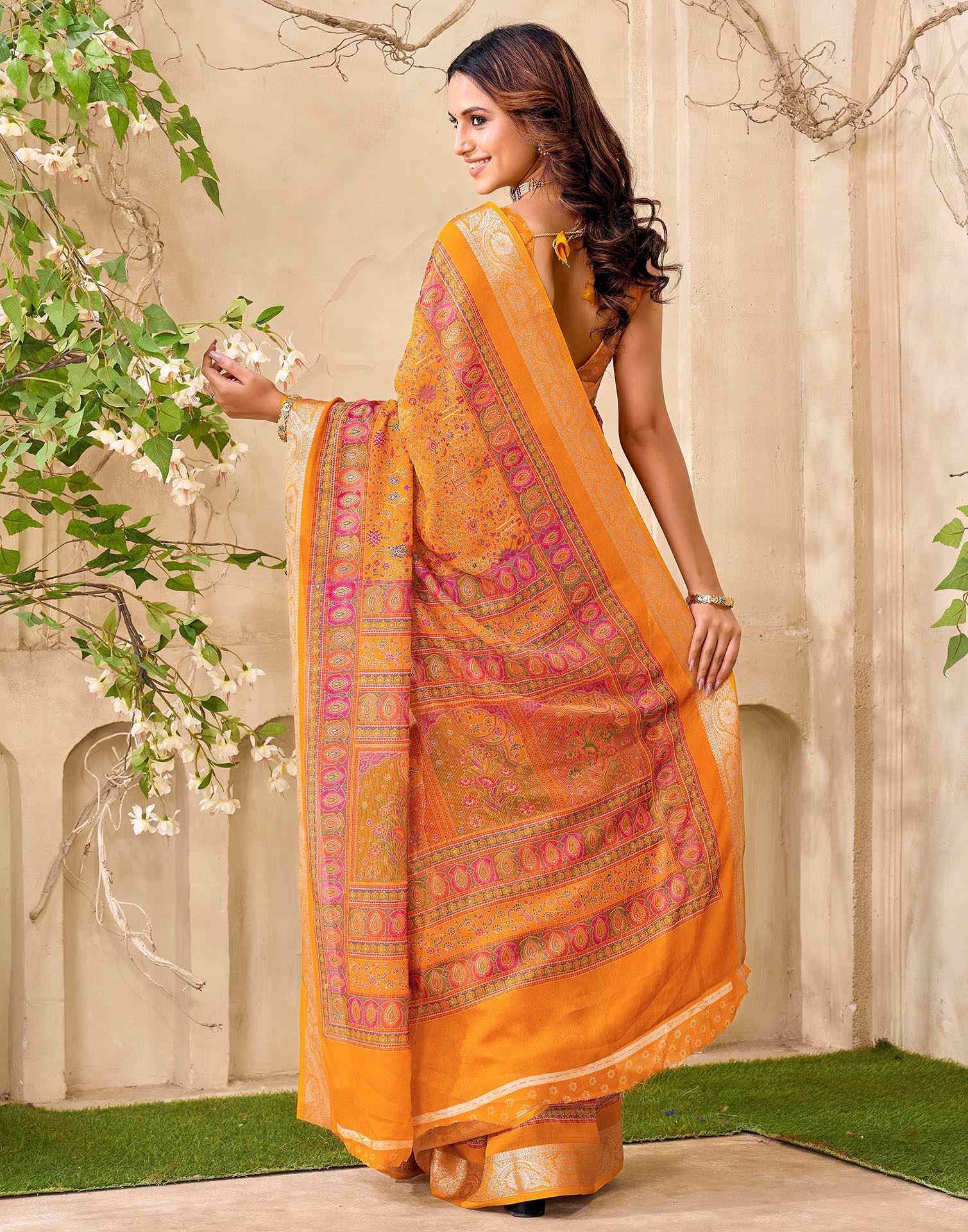 Yellow Georgette Printed Saree - Image 6