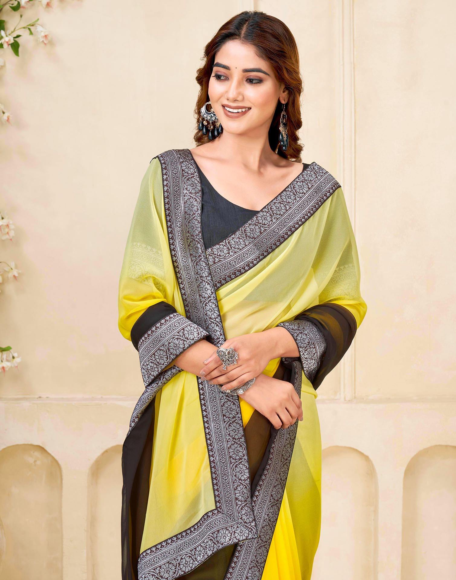 Yellow Georgette Woven Lace Saree - Image 2
