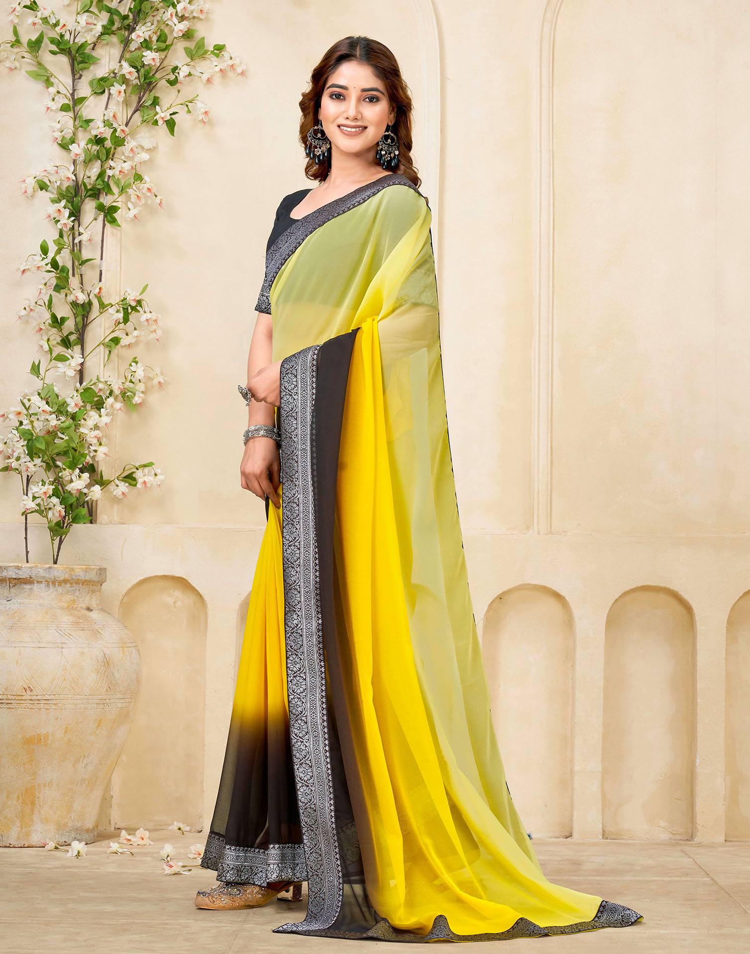 Yellow Georgette Woven Lace Saree - Image 4