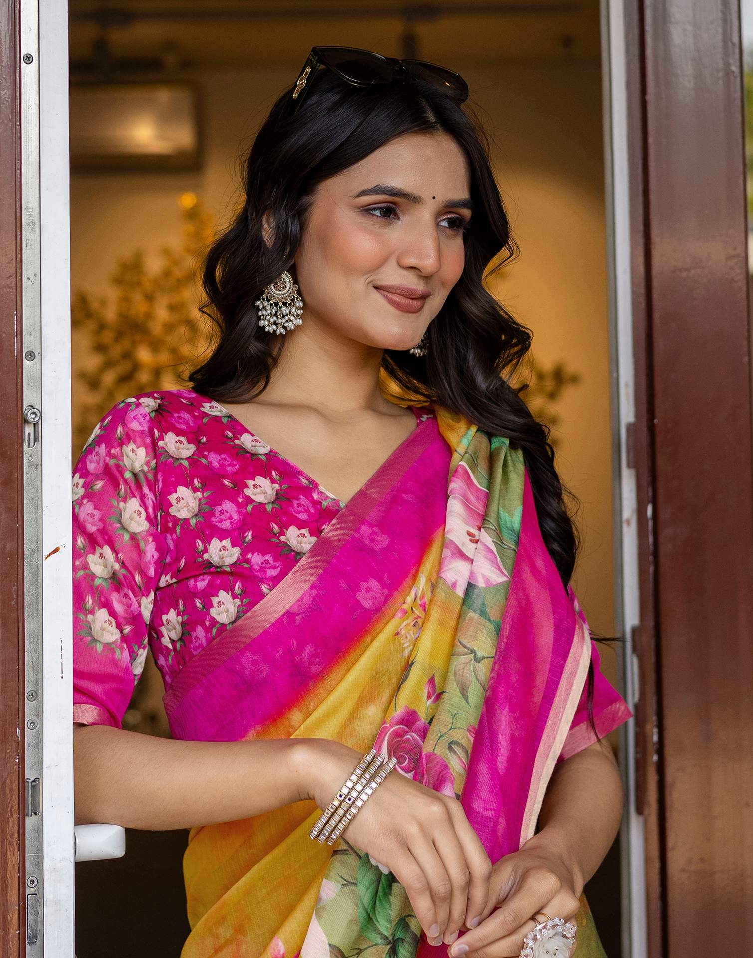 Yellow Linen Floral Printed Saree - Image 6