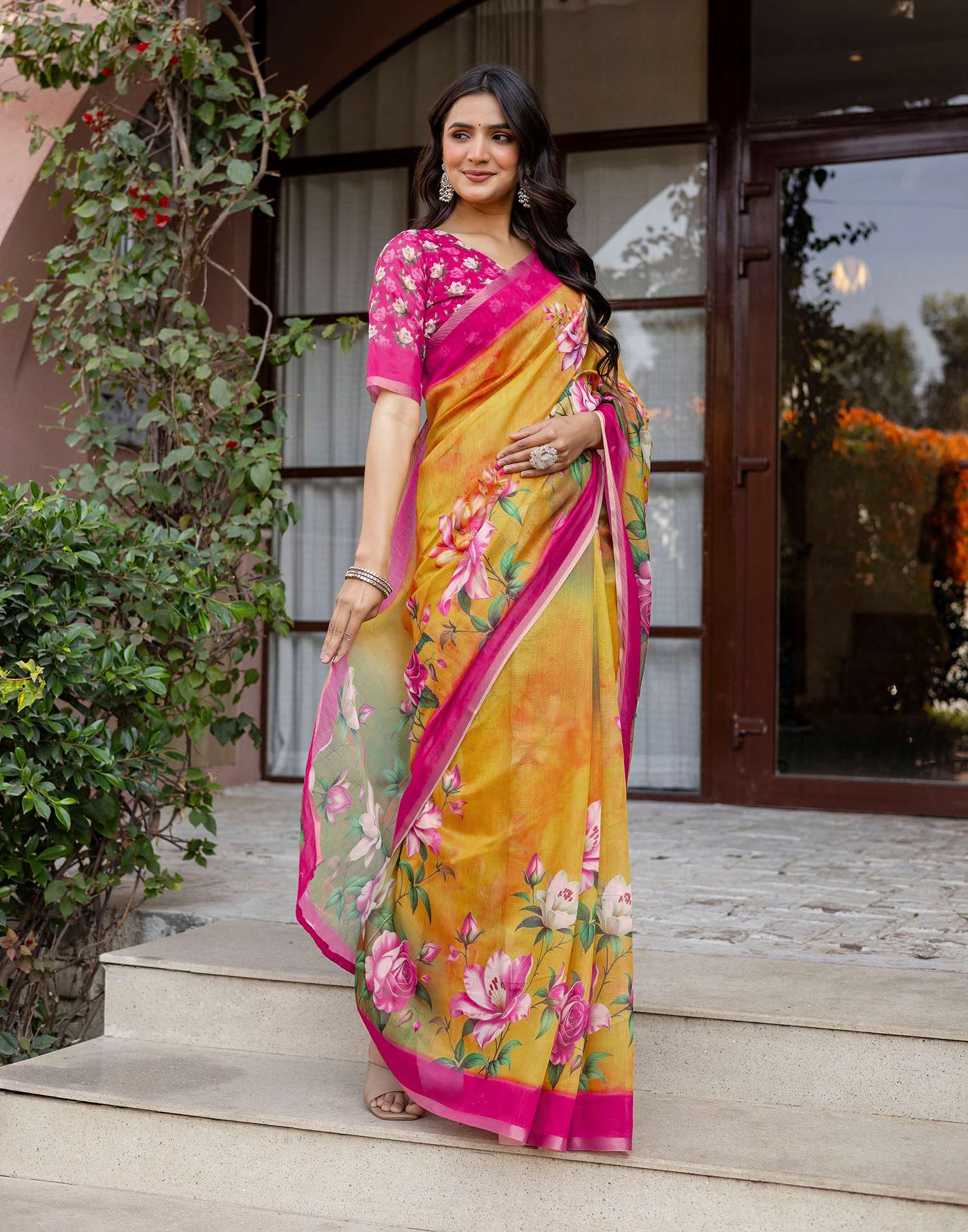 Yellow Linen Floral Printed Saree - Image 8