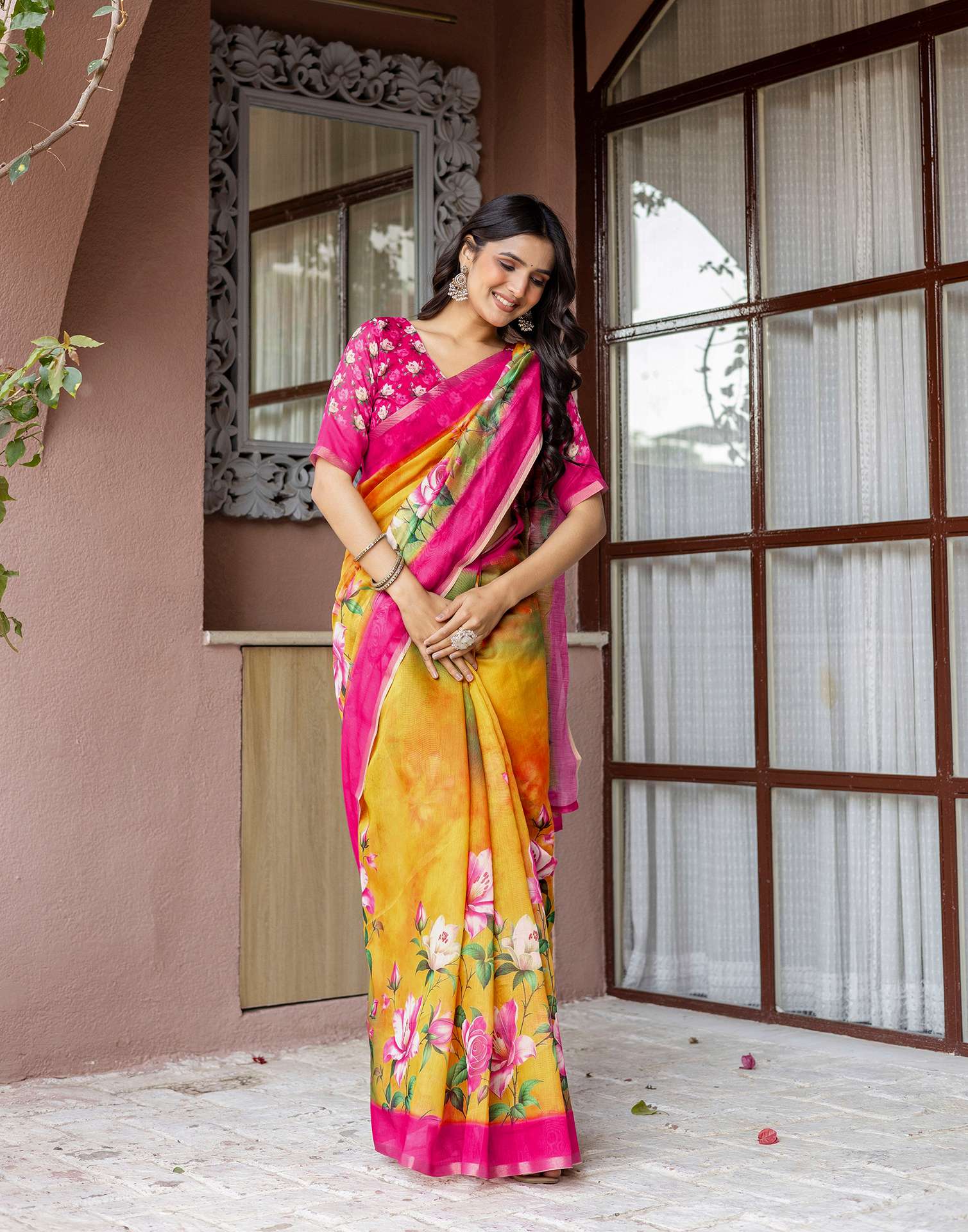 Yellow Linen Floral Printed Saree - Image 9