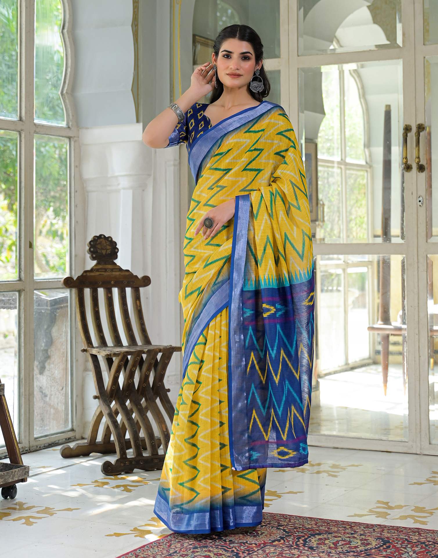 Yellow Linen Floral Printed Saree - Image 5