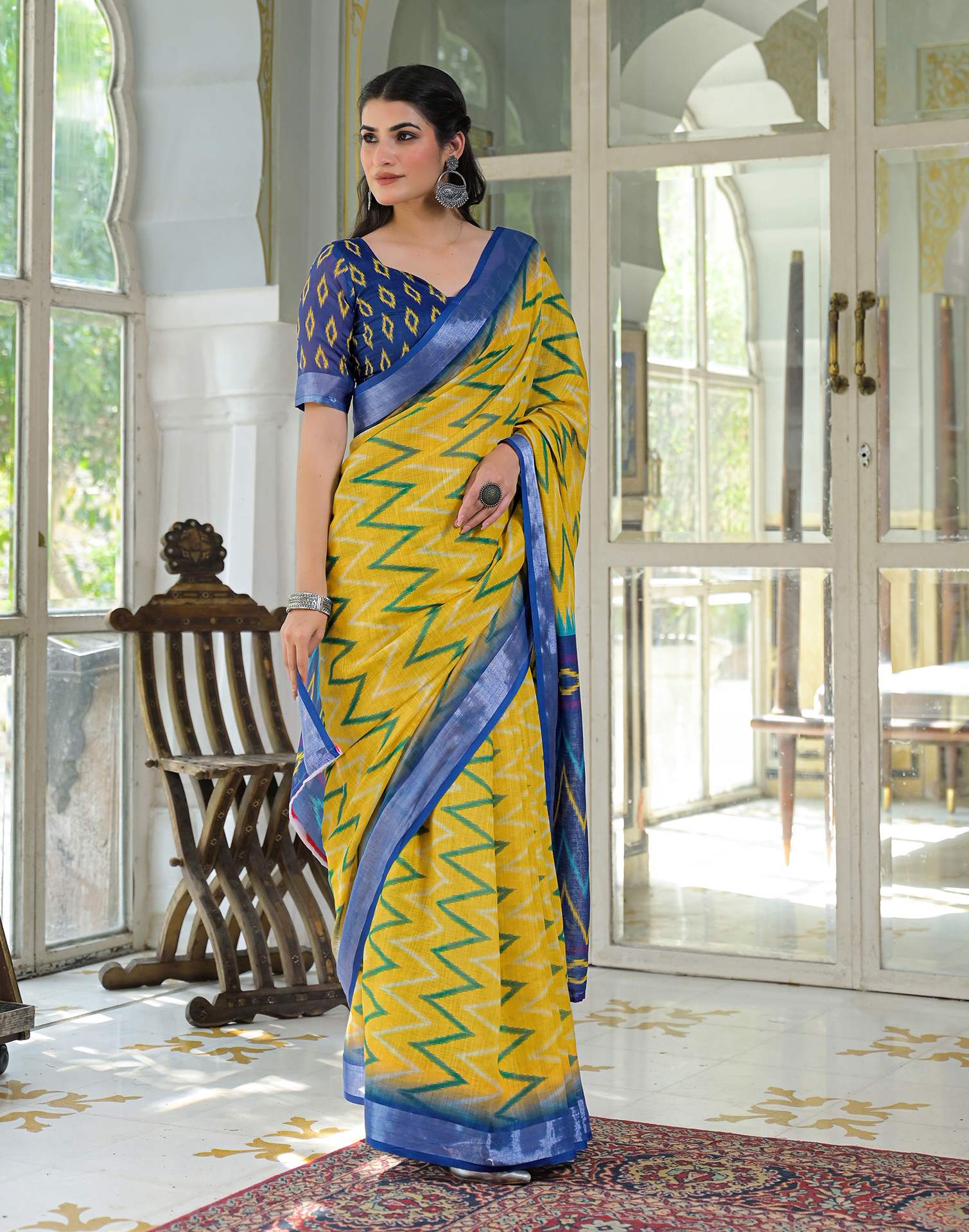 Yellow Linen Floral Printed Saree - Image 6