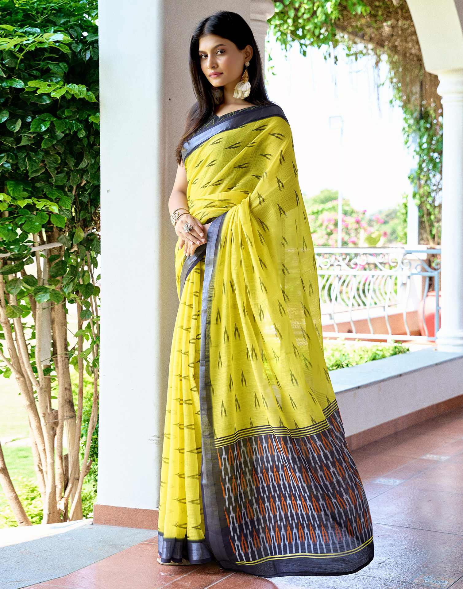 Yellow Linen Ikkat Printed Saree - Image 6