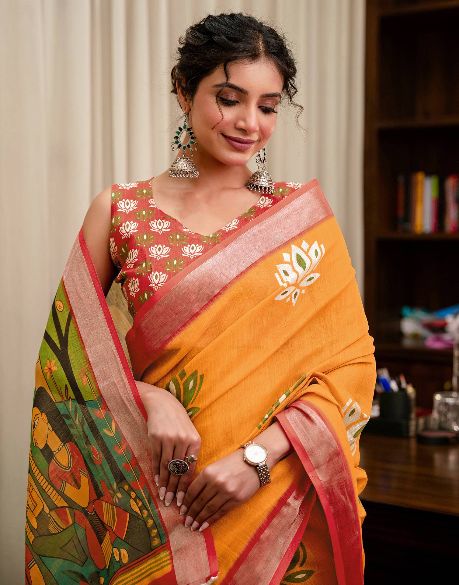 Yellow Linen Kalamkari Printed Saree - Image 2