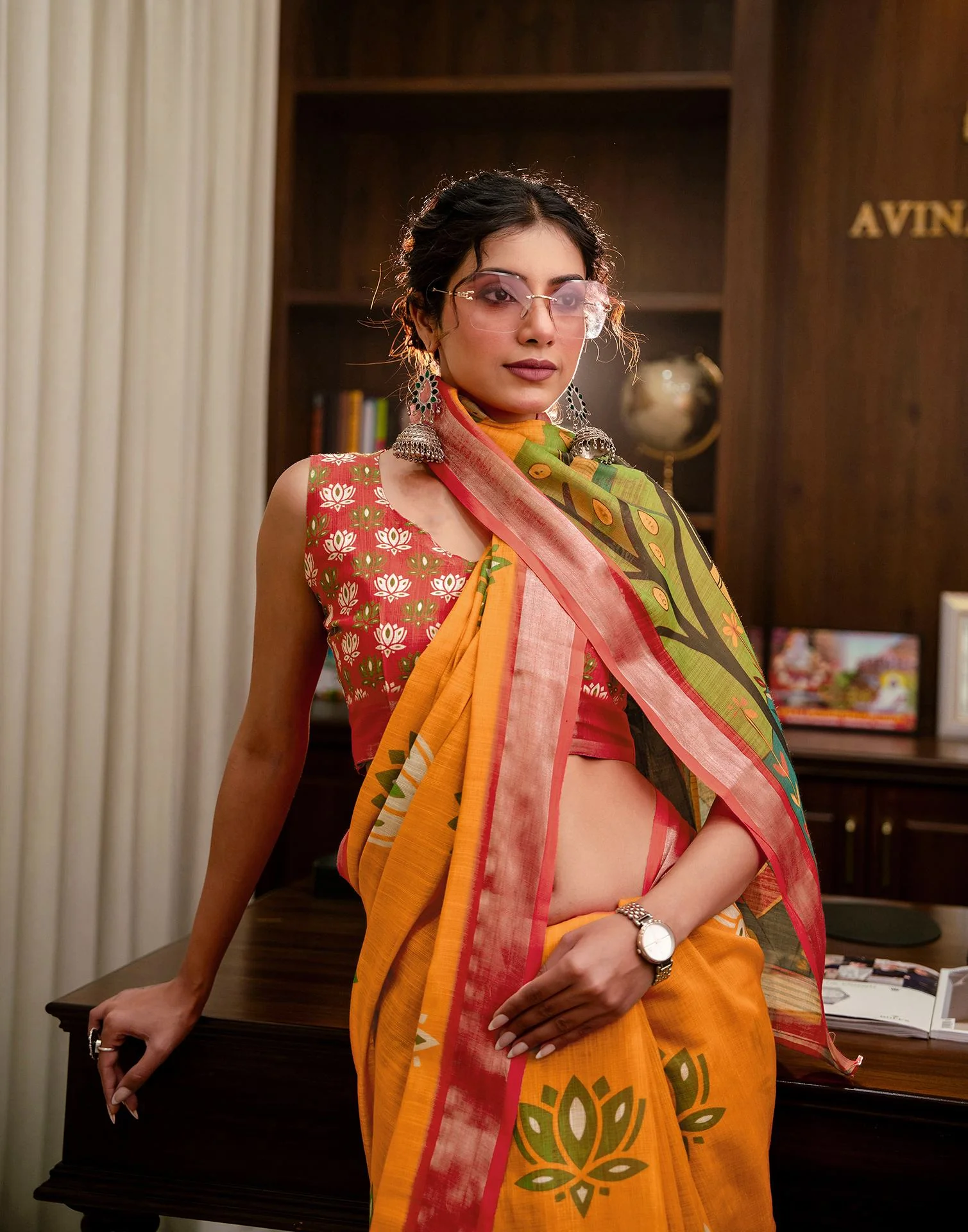 Yellow Linen Kalamkari Printed Saree - Image 4