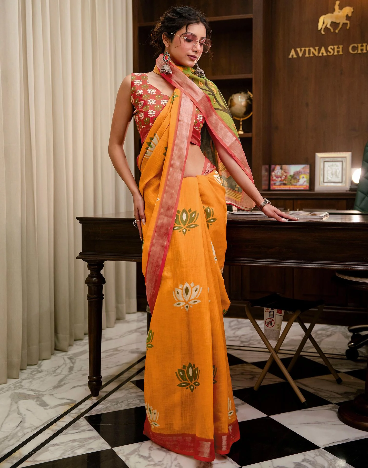 Yellow Linen Kalamkari Printed Saree - Image 8