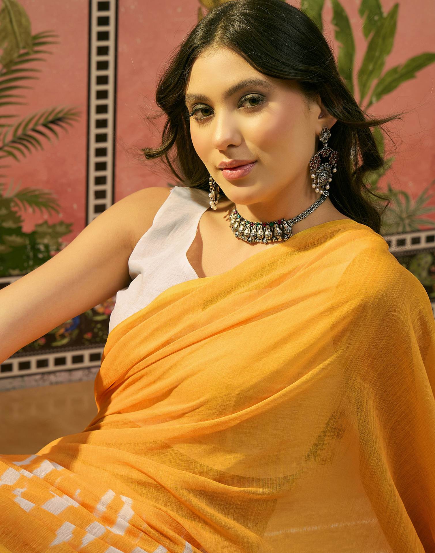 Yellow Linen Printed Saree - Image 2