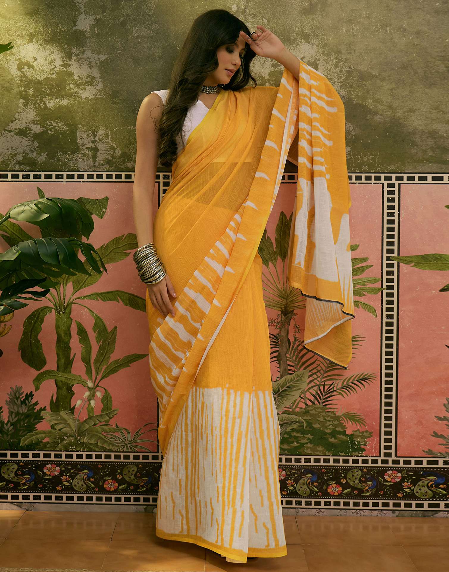 Yellow Linen Printed Saree - Image 6
