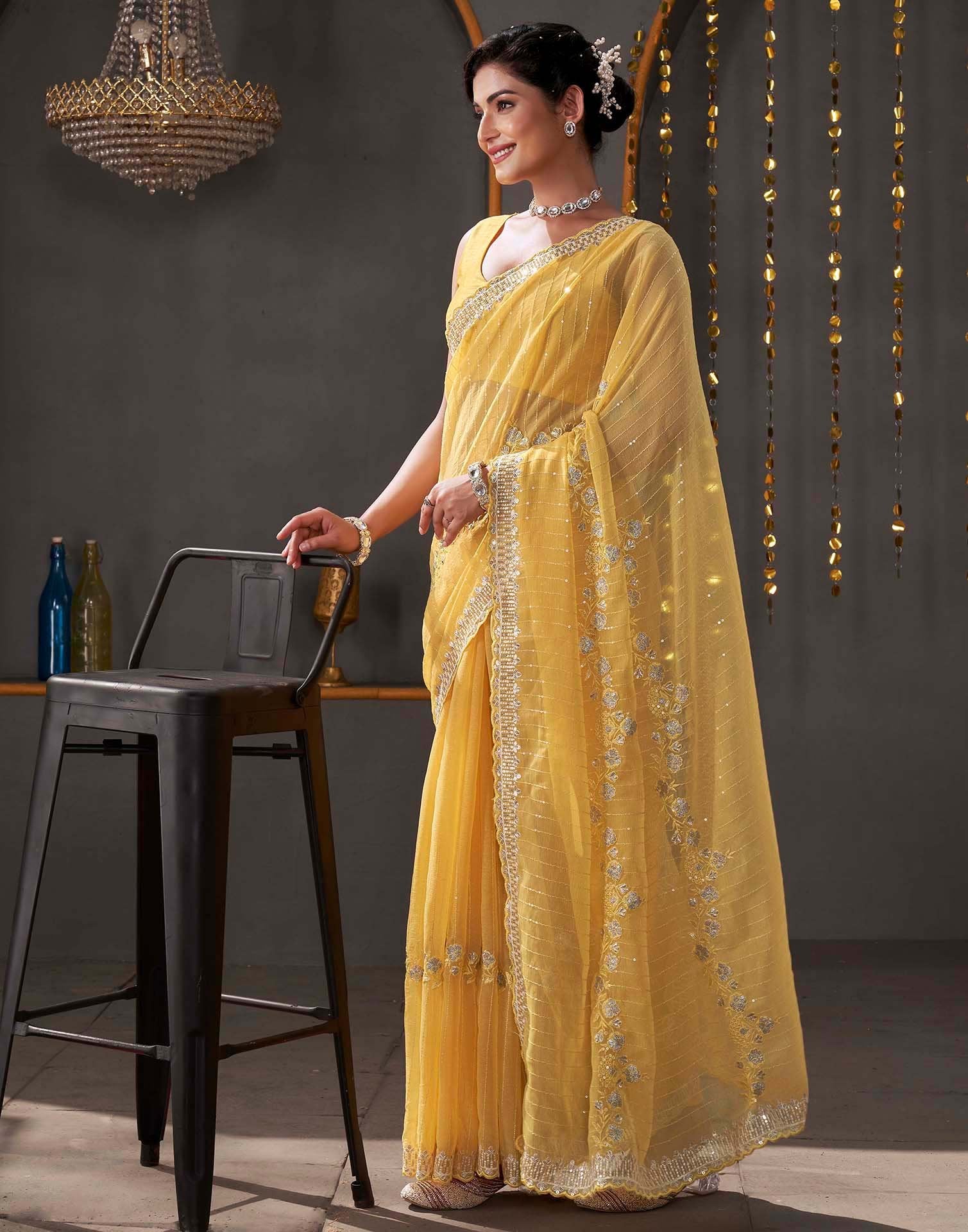 Yellow Organza Sequence Embroidery Saree - Image 5