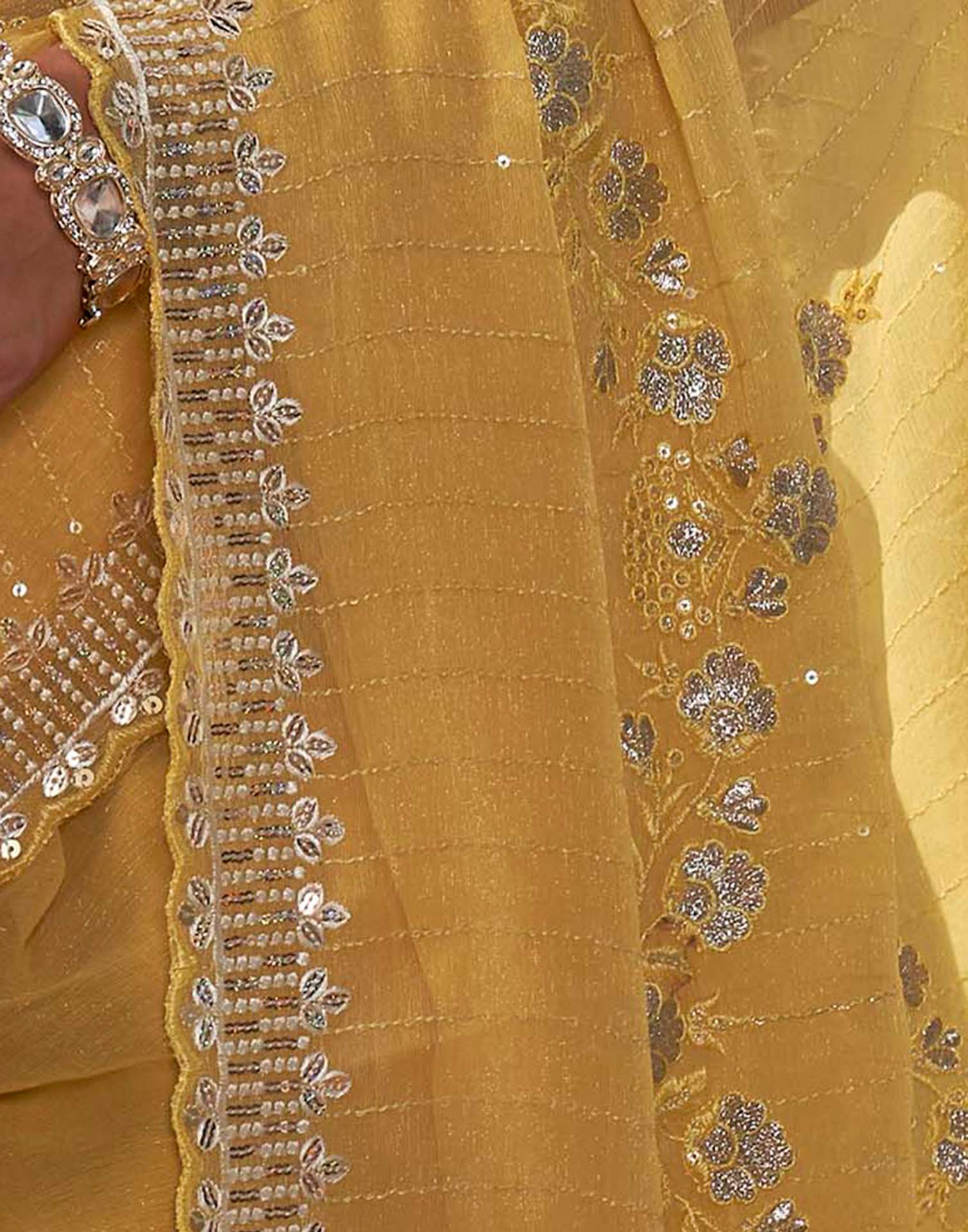 Yellow Organza Sequence Embroidery Saree - Image 7