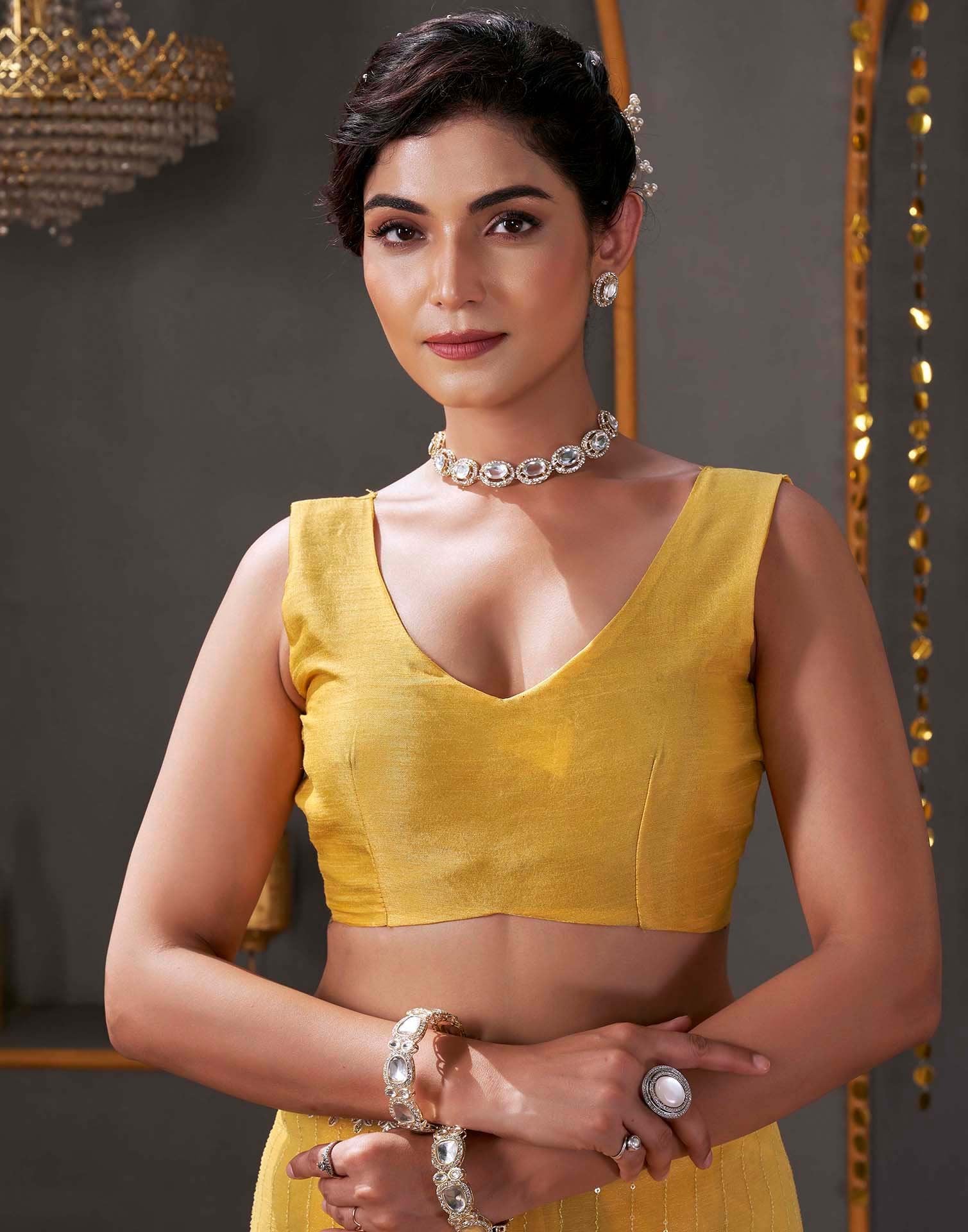 Yellow Organza Sequence Embroidery Saree - Image 8