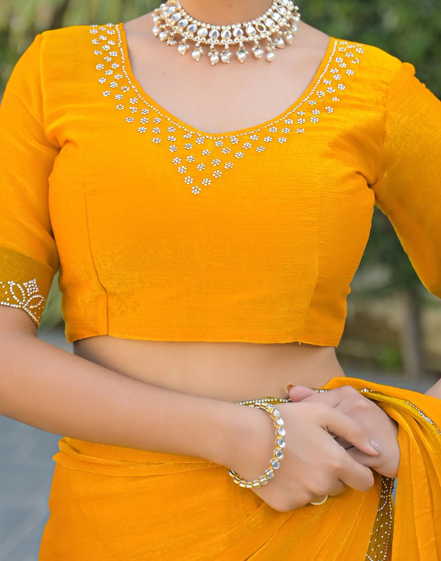 Yellow Satin Stone Work Embellished Saree - Image 10