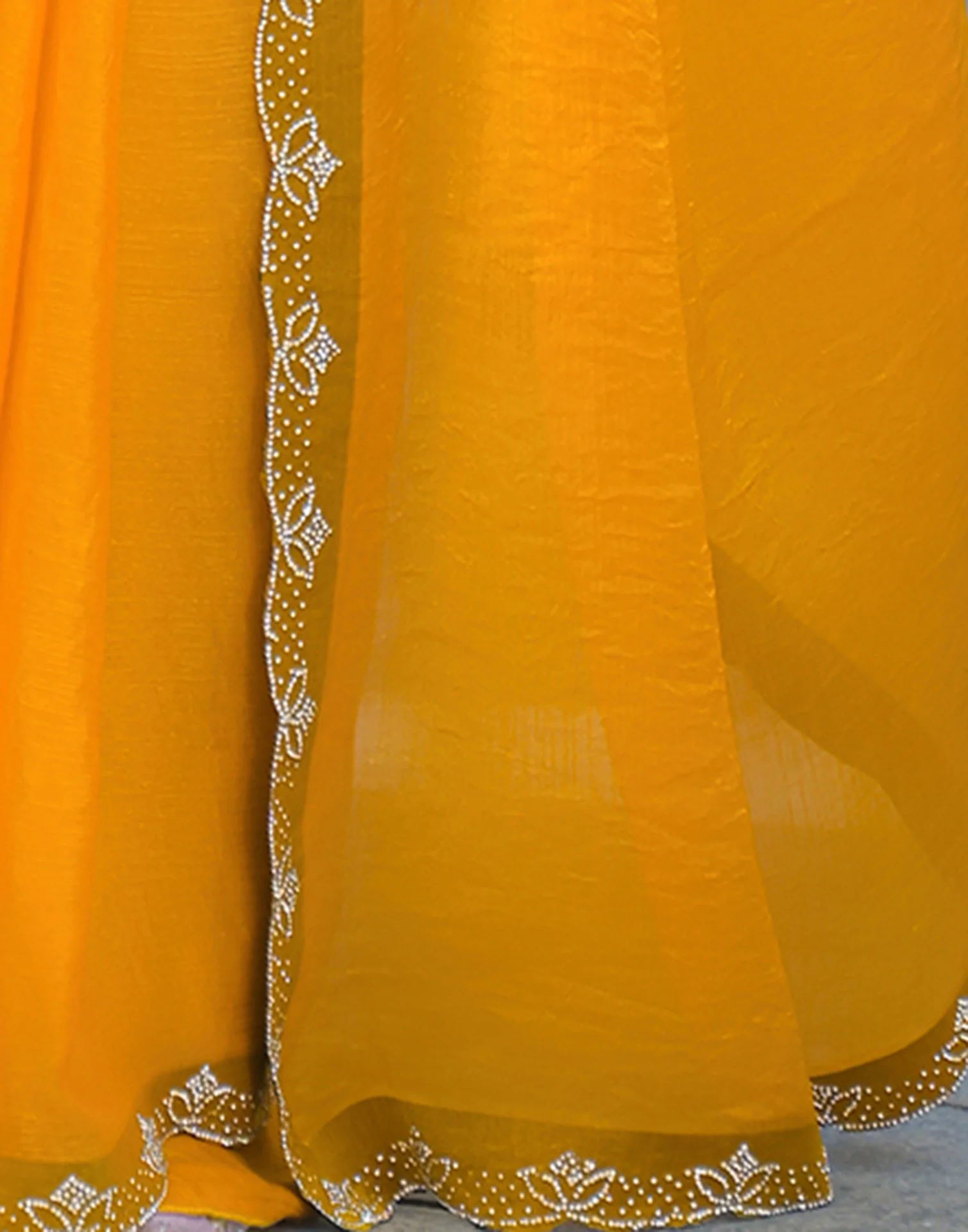 Yellow Satin Stone Work Embellished Saree - Image 11