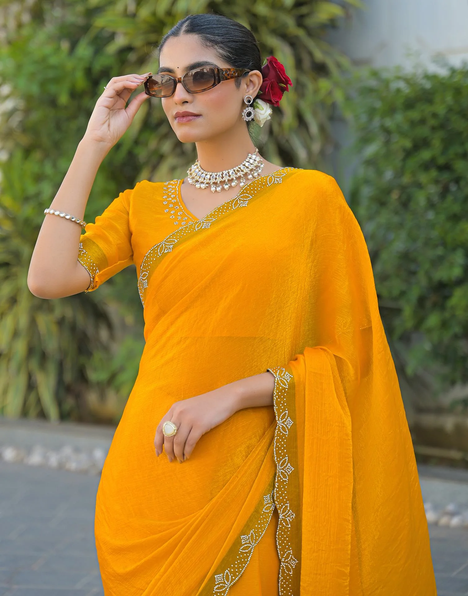 Yellow Satin Stone Work Embellished Saree - Image 2