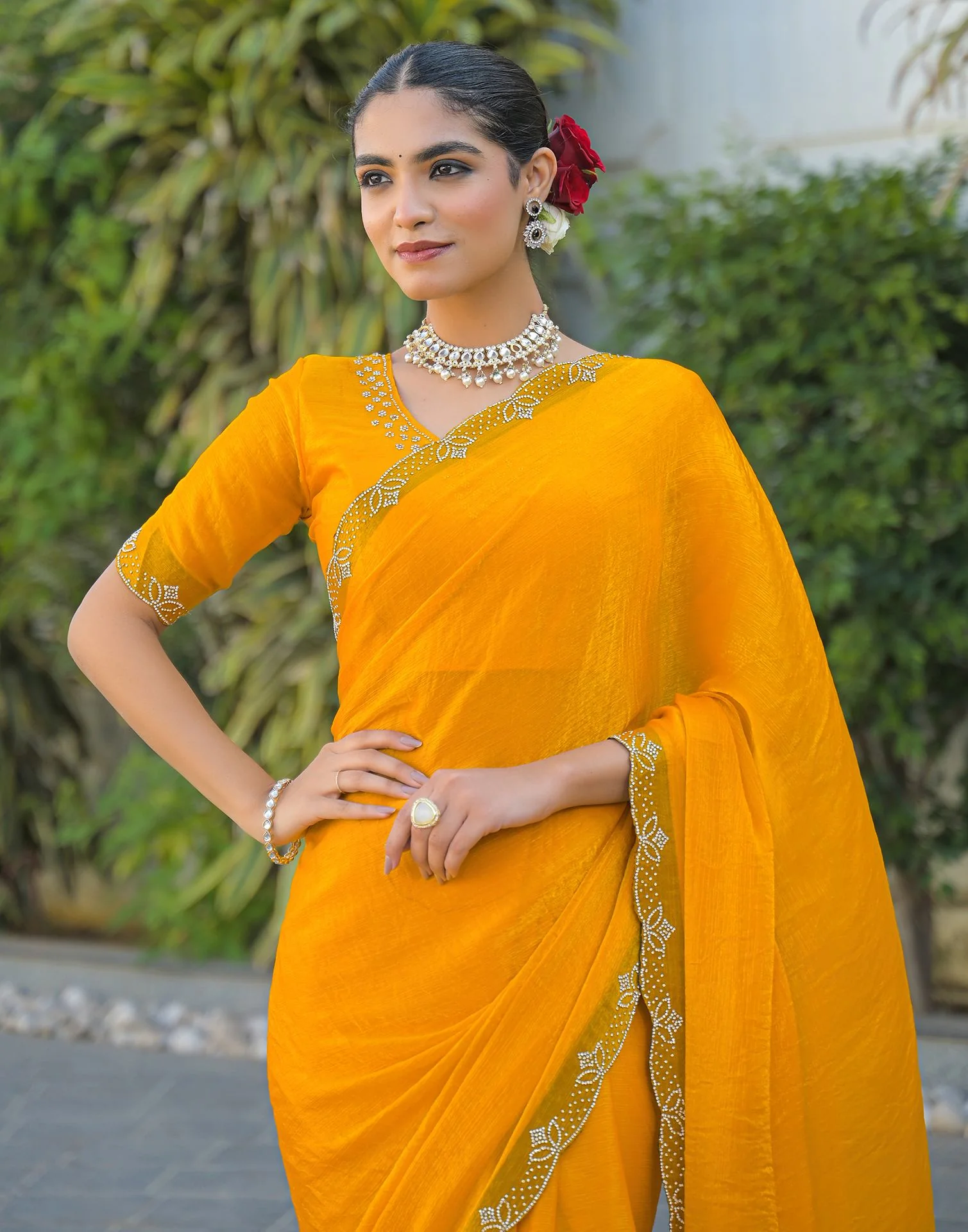 Yellow Satin Stone Work Embellished Saree - Image 4