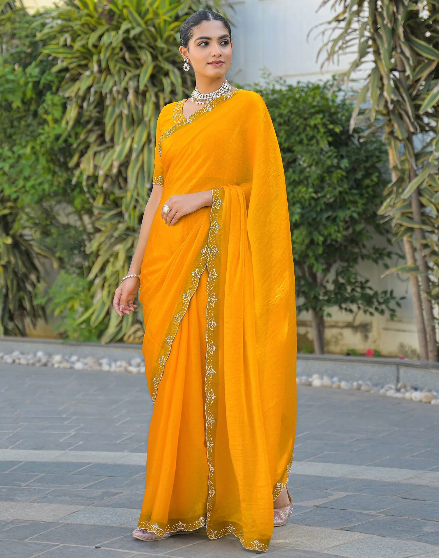 Yellow Satin Stone Work Embellished Saree - Image 5