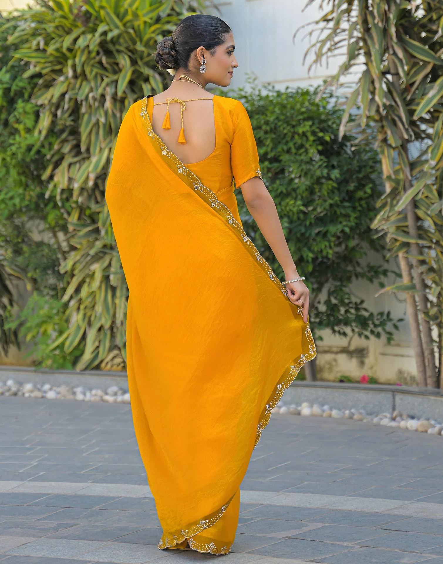 Yellow Satin Stone Work Embellished Saree - Image 7