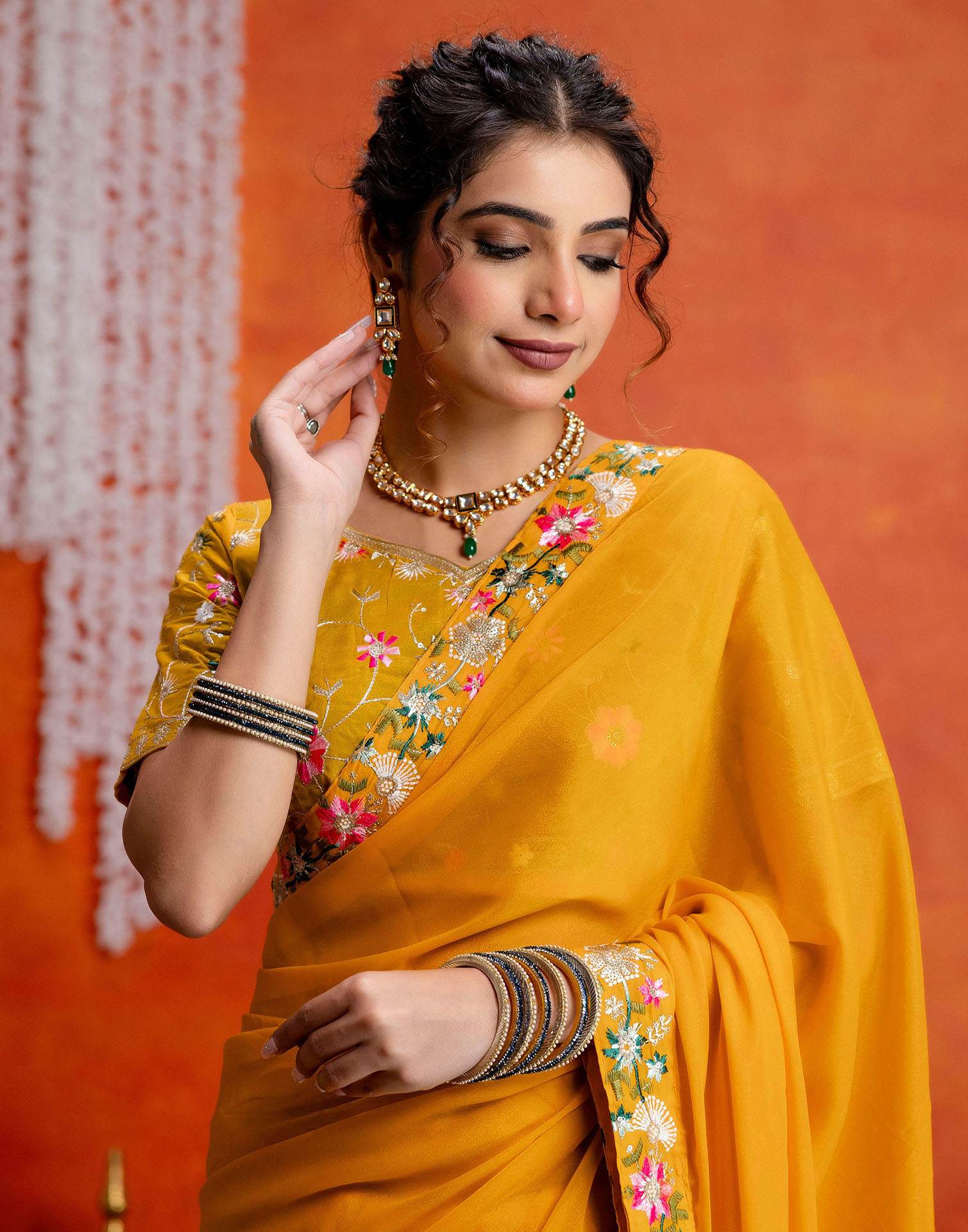 Yellow Shimmer Embroidery lace Saree - Image 2