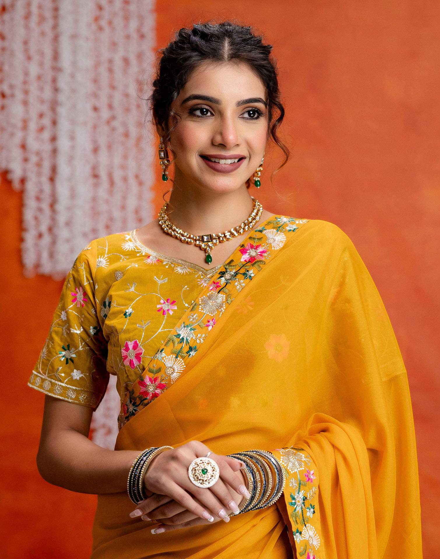 Yellow Shimmer Embroidery lace Saree - Image 4