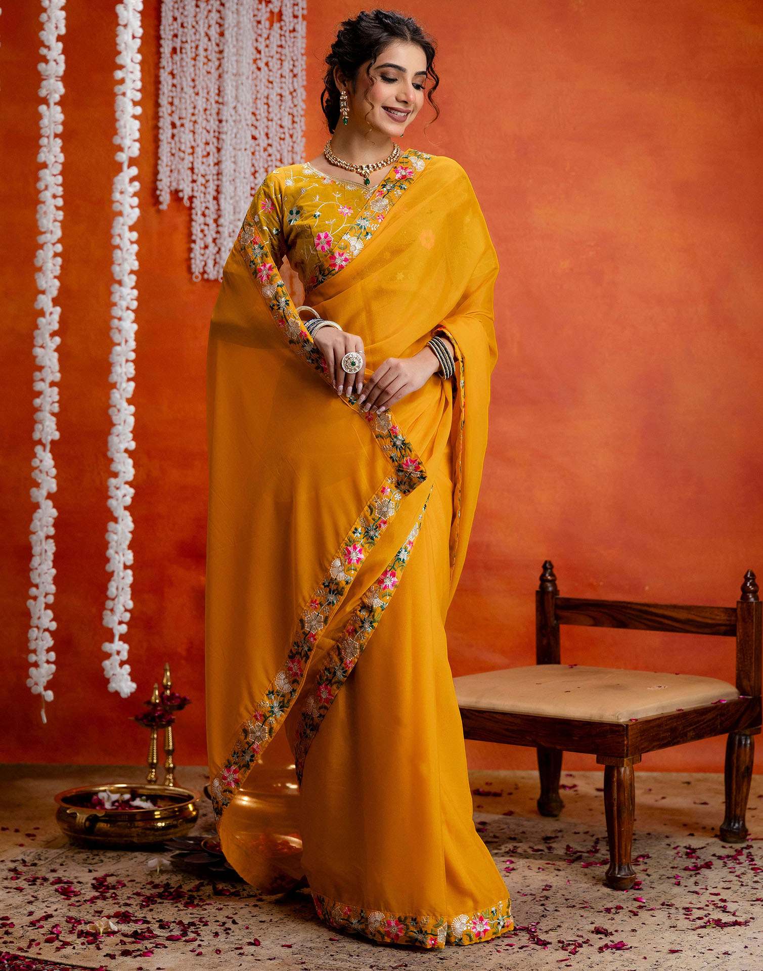 Yellow Shimmer Embroidery lace Saree - Image 6