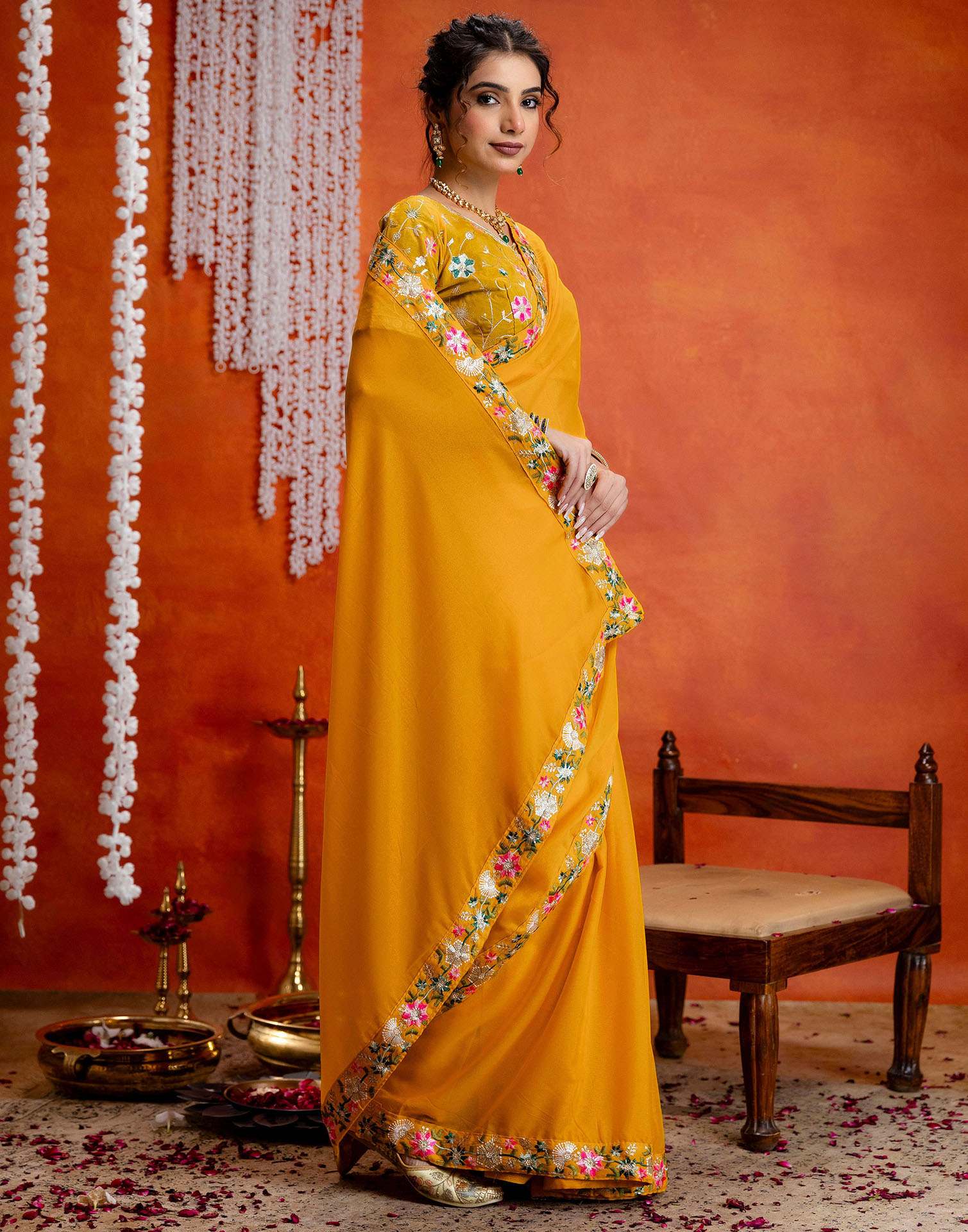 Yellow Shimmer Embroidery lace Saree - Image 8