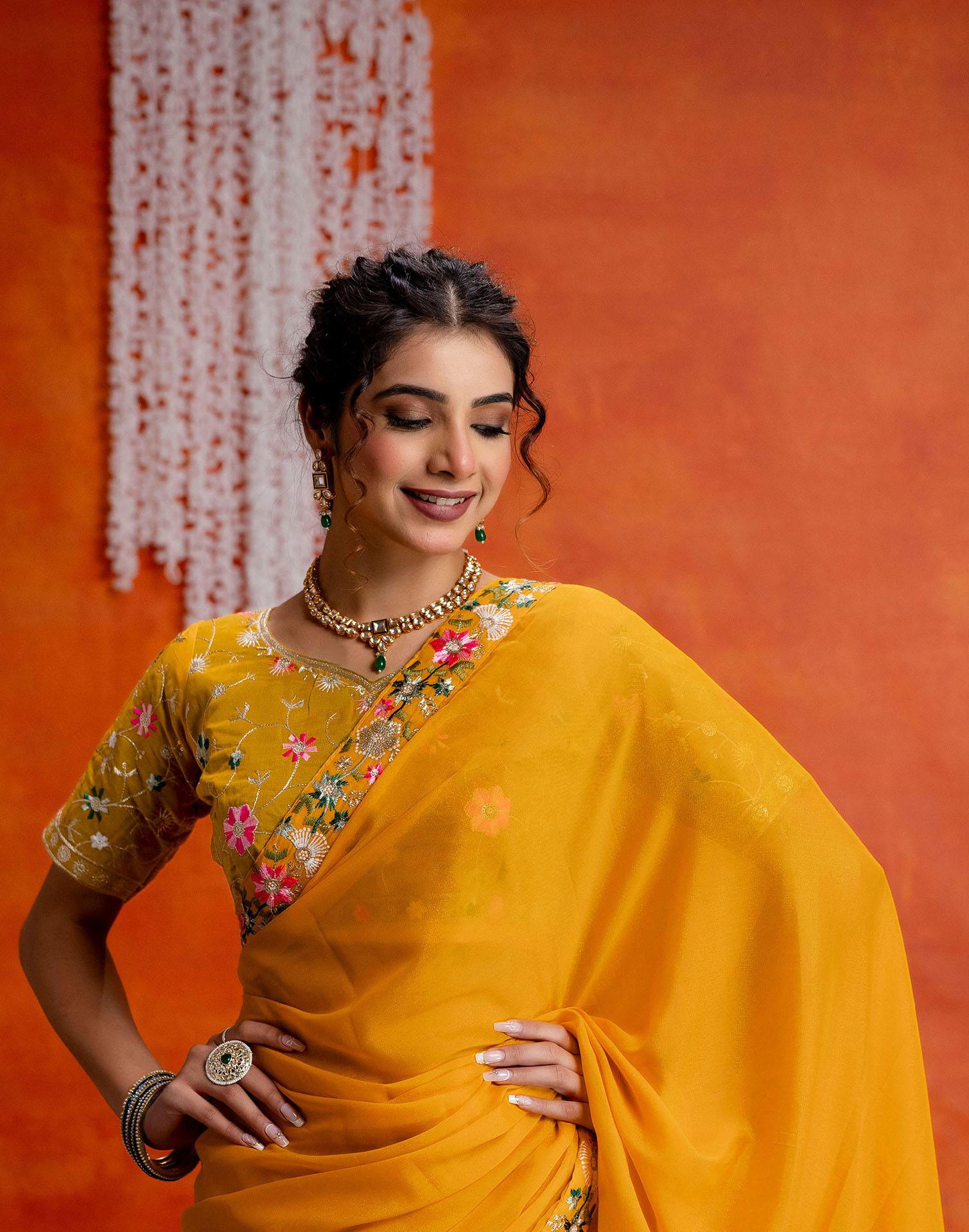 Yellow Shimmer Embroidery lace Saree - Image 9