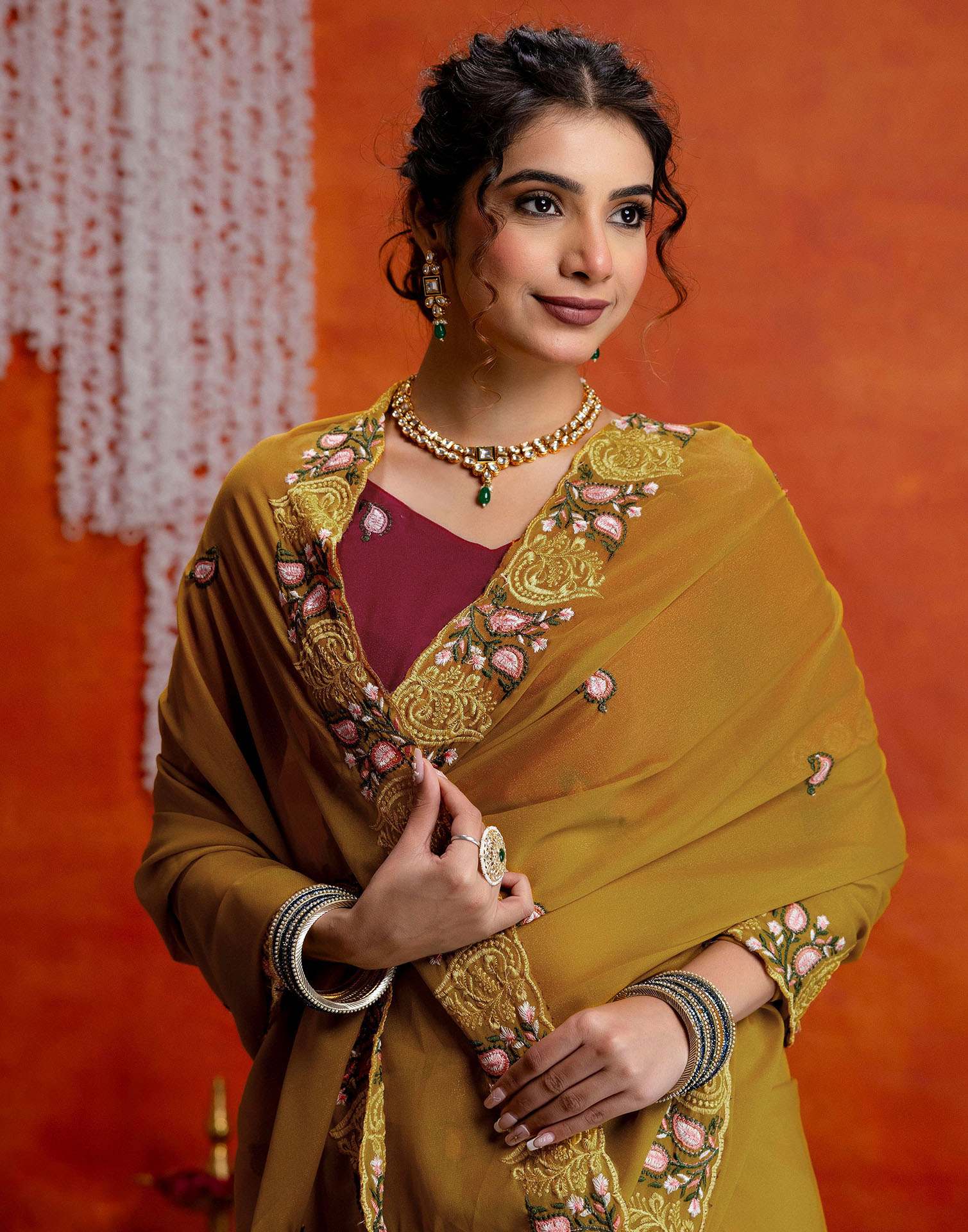 Yellow Shimmer Embroidery Saree - Image 7
