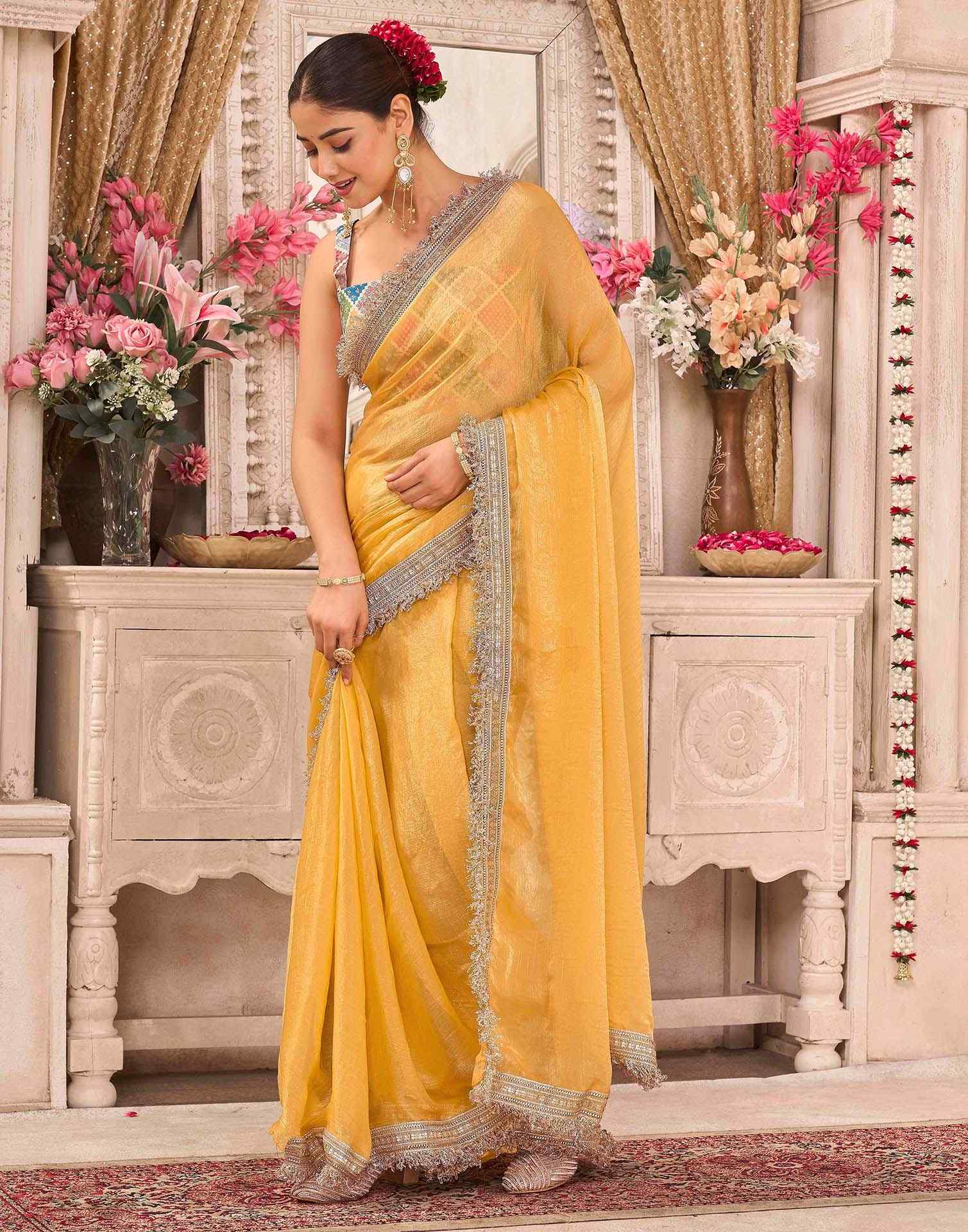 Yellow Shimmer Gota Lace Saree - Image 4