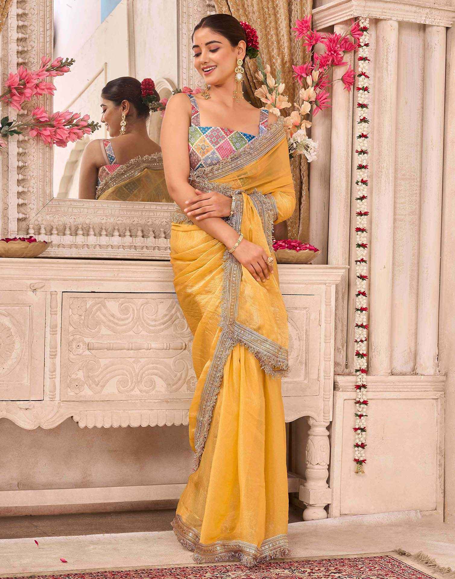 Yellow Shimmer Gota Lace Saree - Image 5