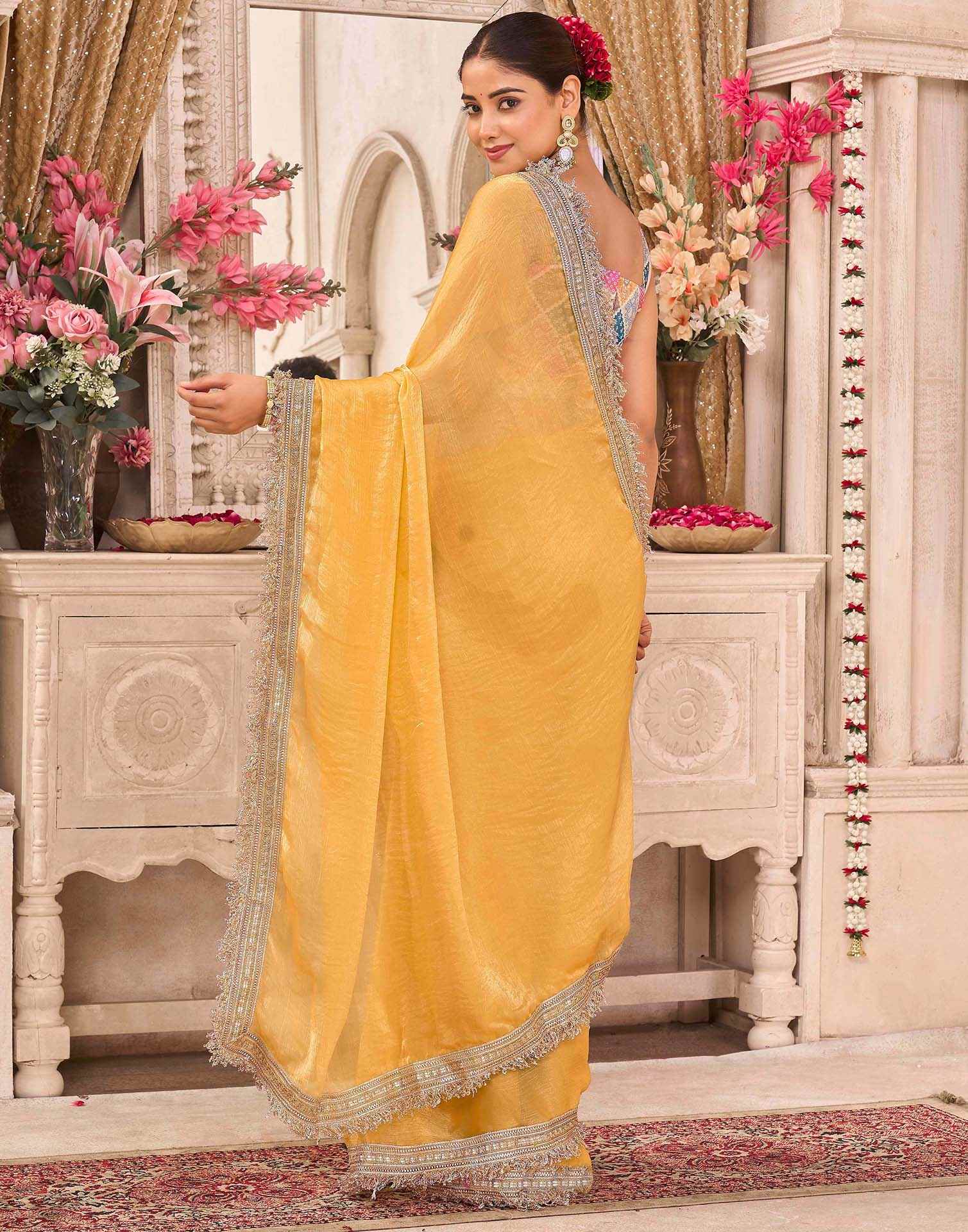 Yellow Shimmer Gota Lace Saree - Image 6