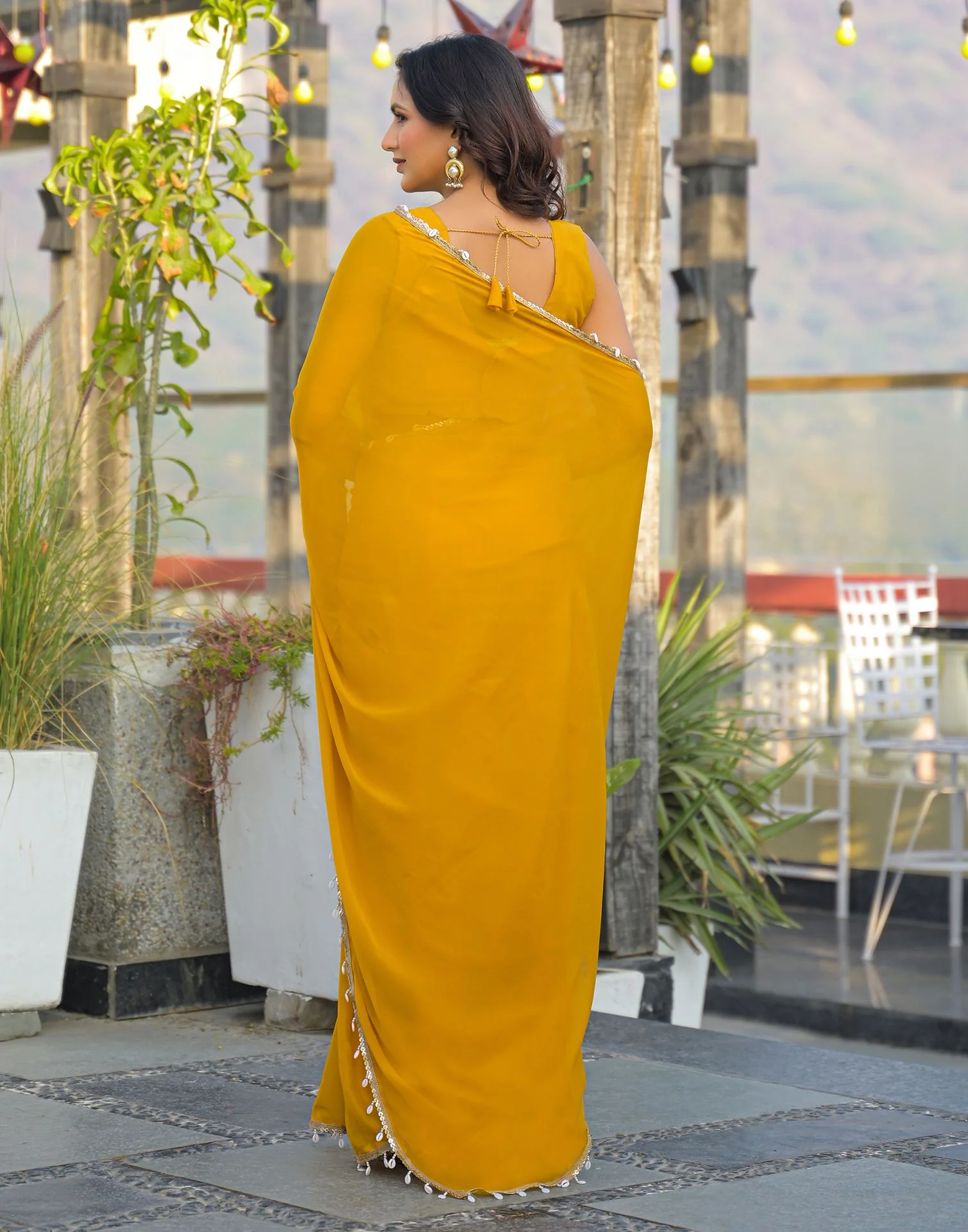 Yellow Shimmer Lace Saree - Image 7