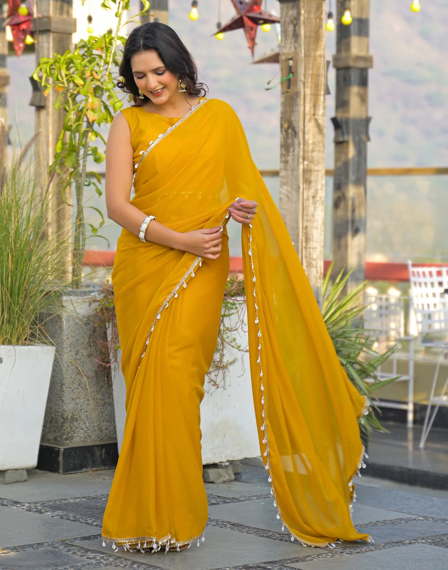 Yellow Shimmer Lace Saree - Image 8