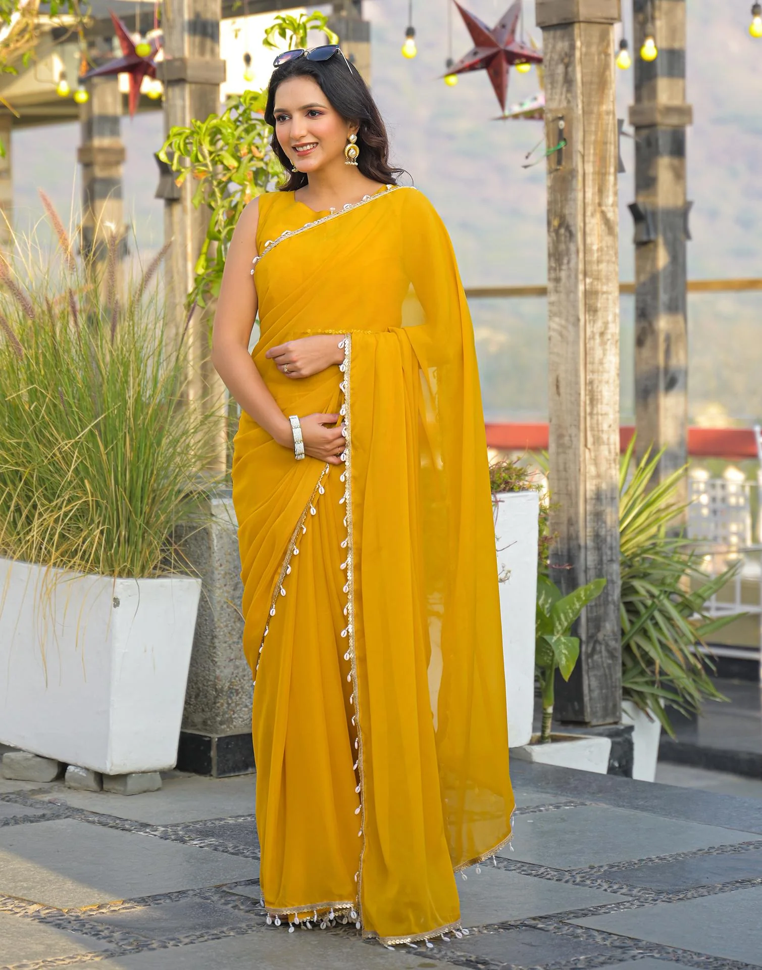 Yellow Shimmer Lace Saree - Image 9