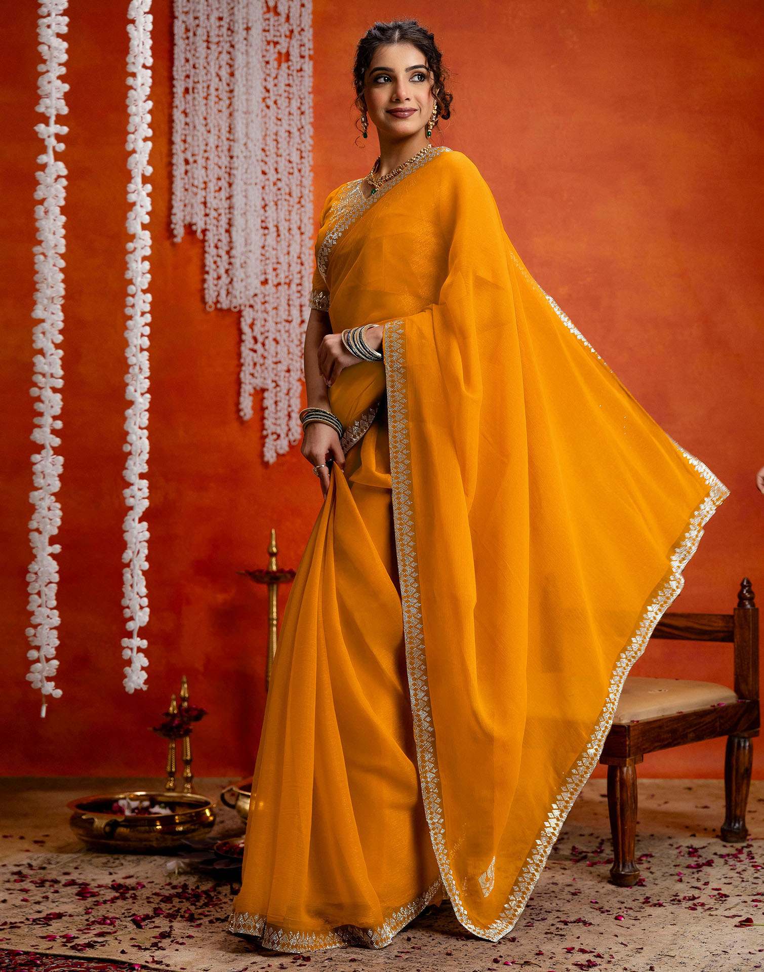 Yellow Shimmer Stone Work Swarovski Saree - Image 6